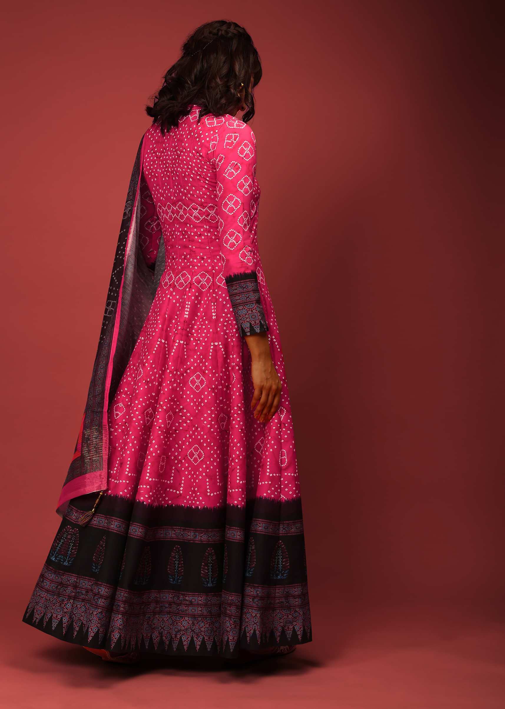 Hot Pink Anarkali Suit In Silk With Bandhani Design And Contrasting Maroon Block Printed Border