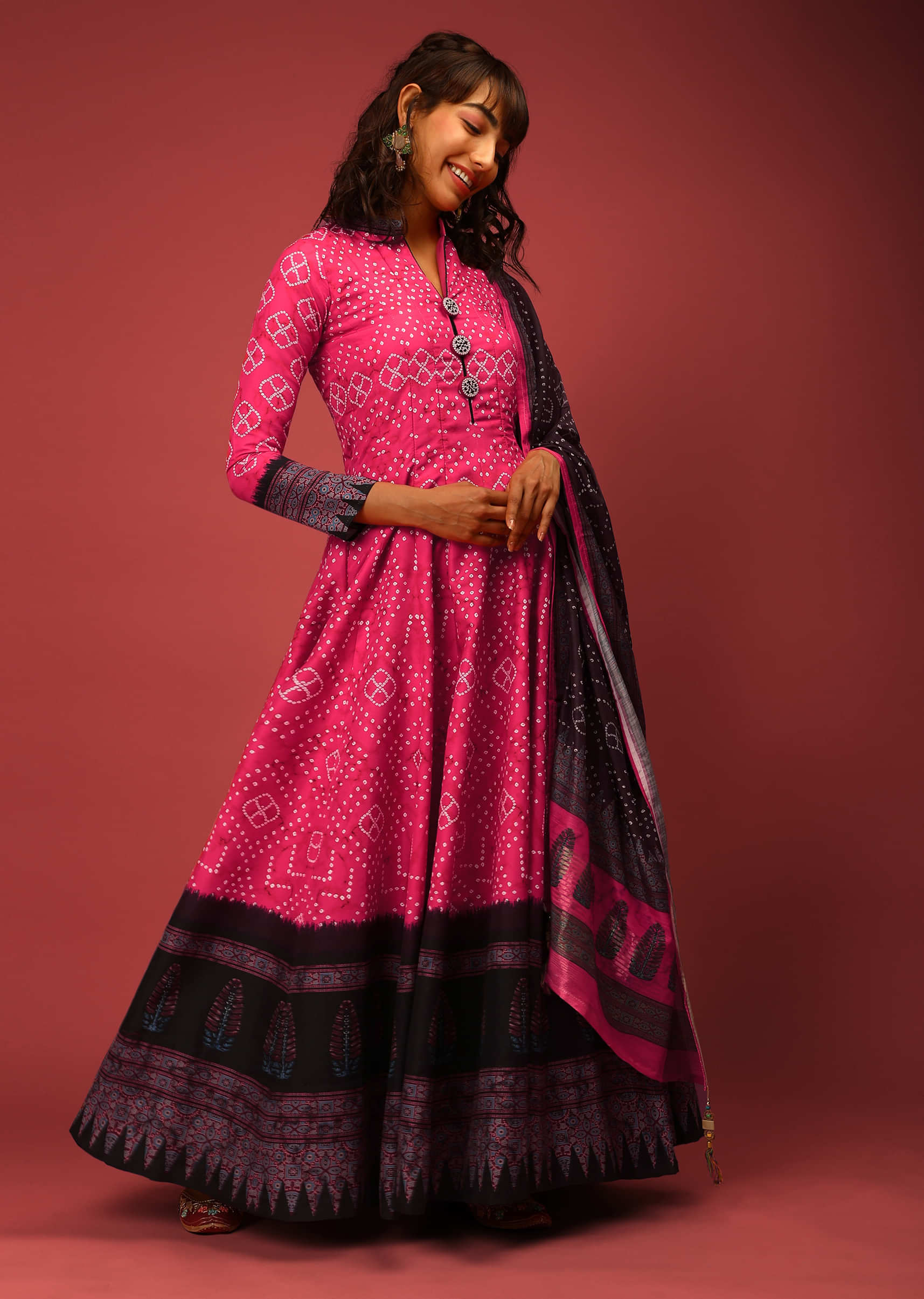 Hot Pink Anarkali Suit In Silk With Bandhani Design And Contrasting Maroon Block Printed Border
