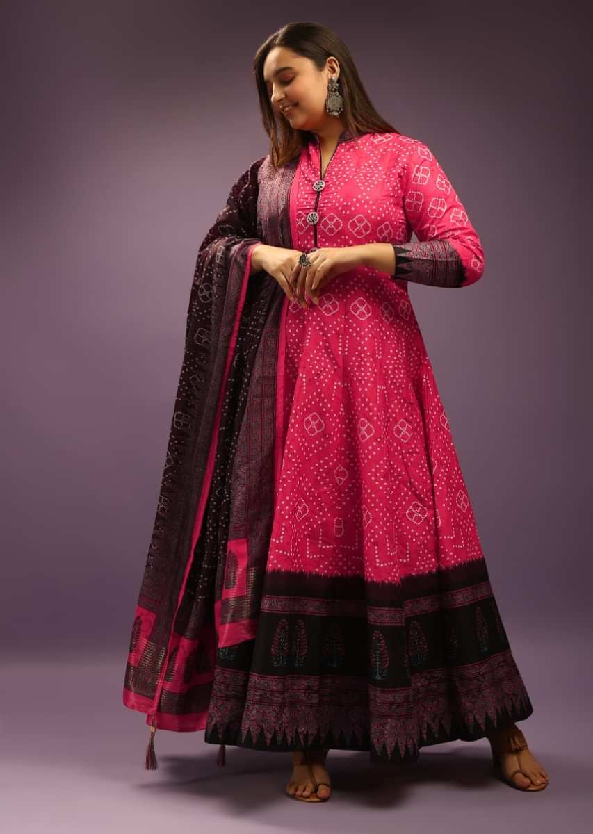Hot Pink Anarkali Suit In Silk With Bandhani Design And Contrasting Maroon Block Printed Border  