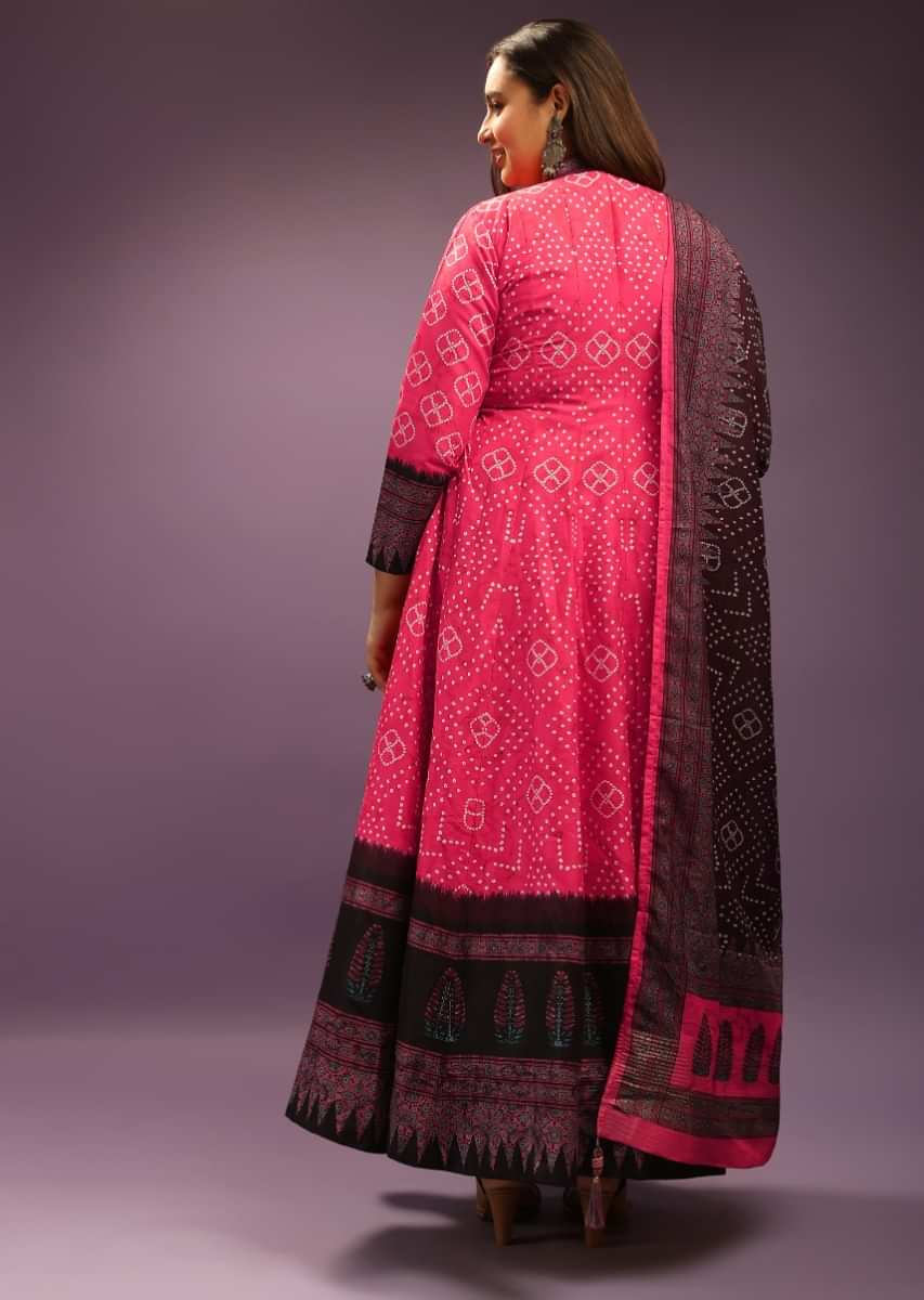 Hot Pink Silk Anarkali Suit With Contrasting Maroon Block Printed Border and Bandhani Design