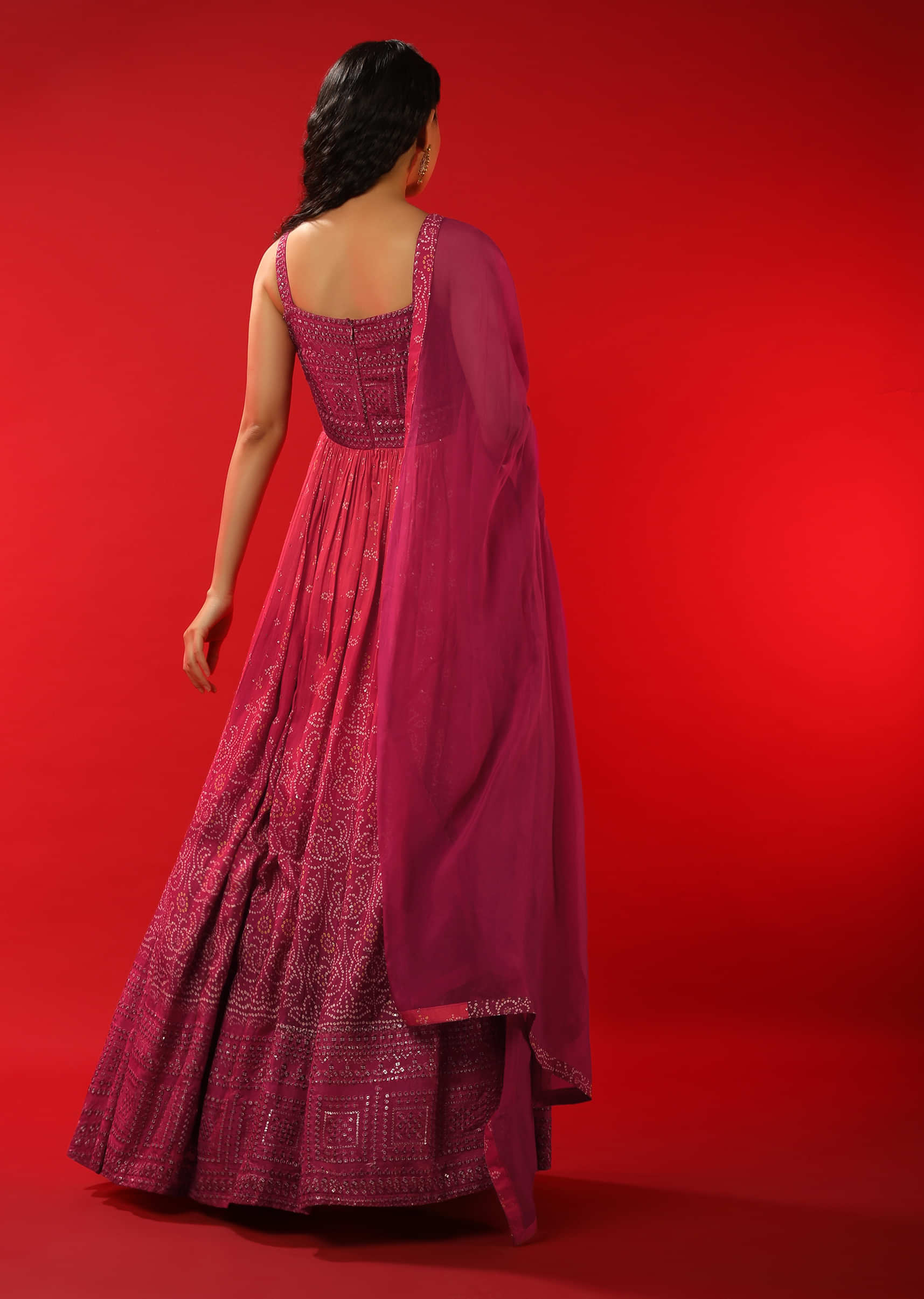 Hot Pink And Magenta Ombre Anarkali Suit With Bandhani Print And Sequins Work In Geometric Motifs  