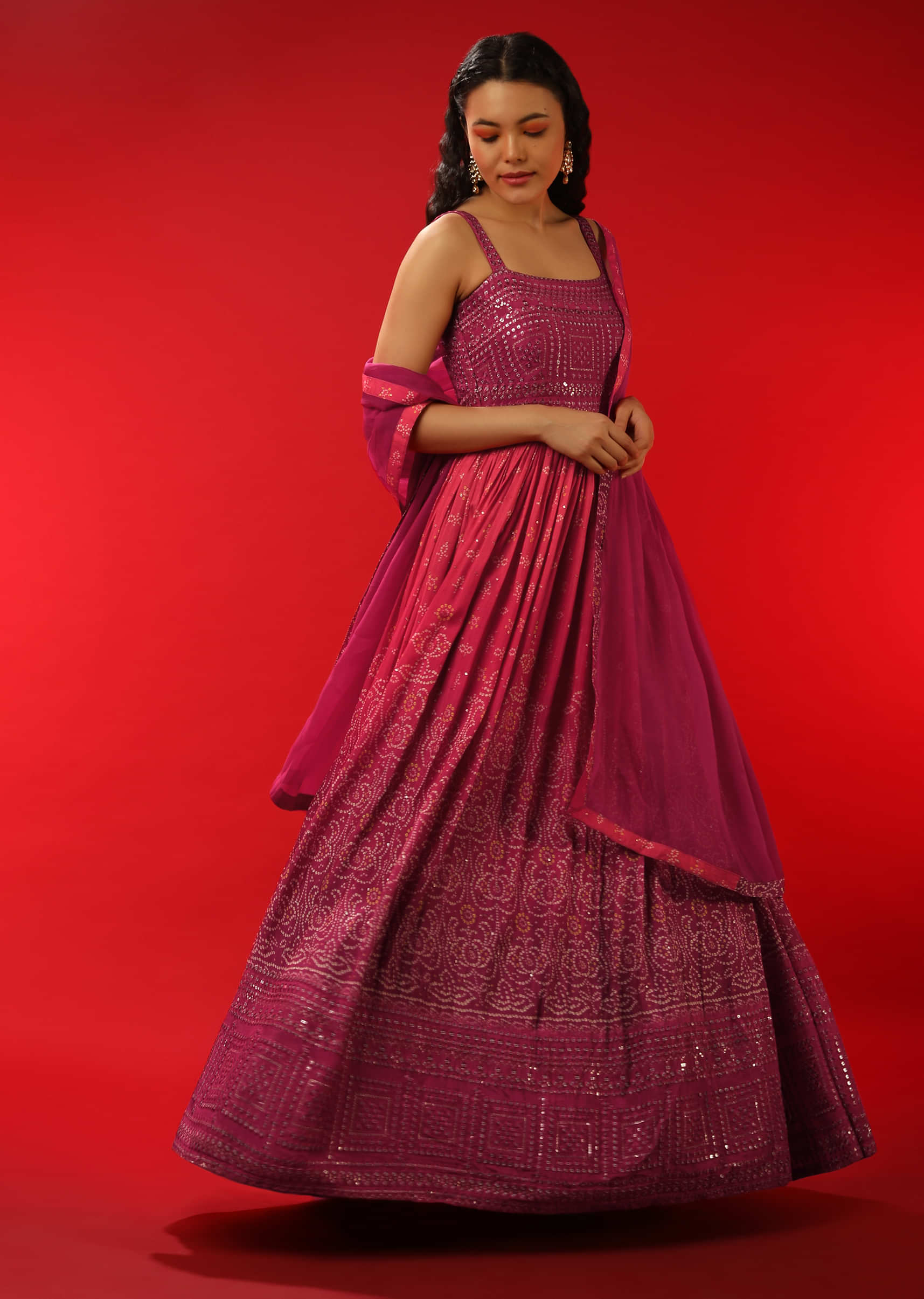 Hot Pink And Magenta Ombre Anarkali Suit With Bandhani Print And Sequins Work In Geometric Motifs  