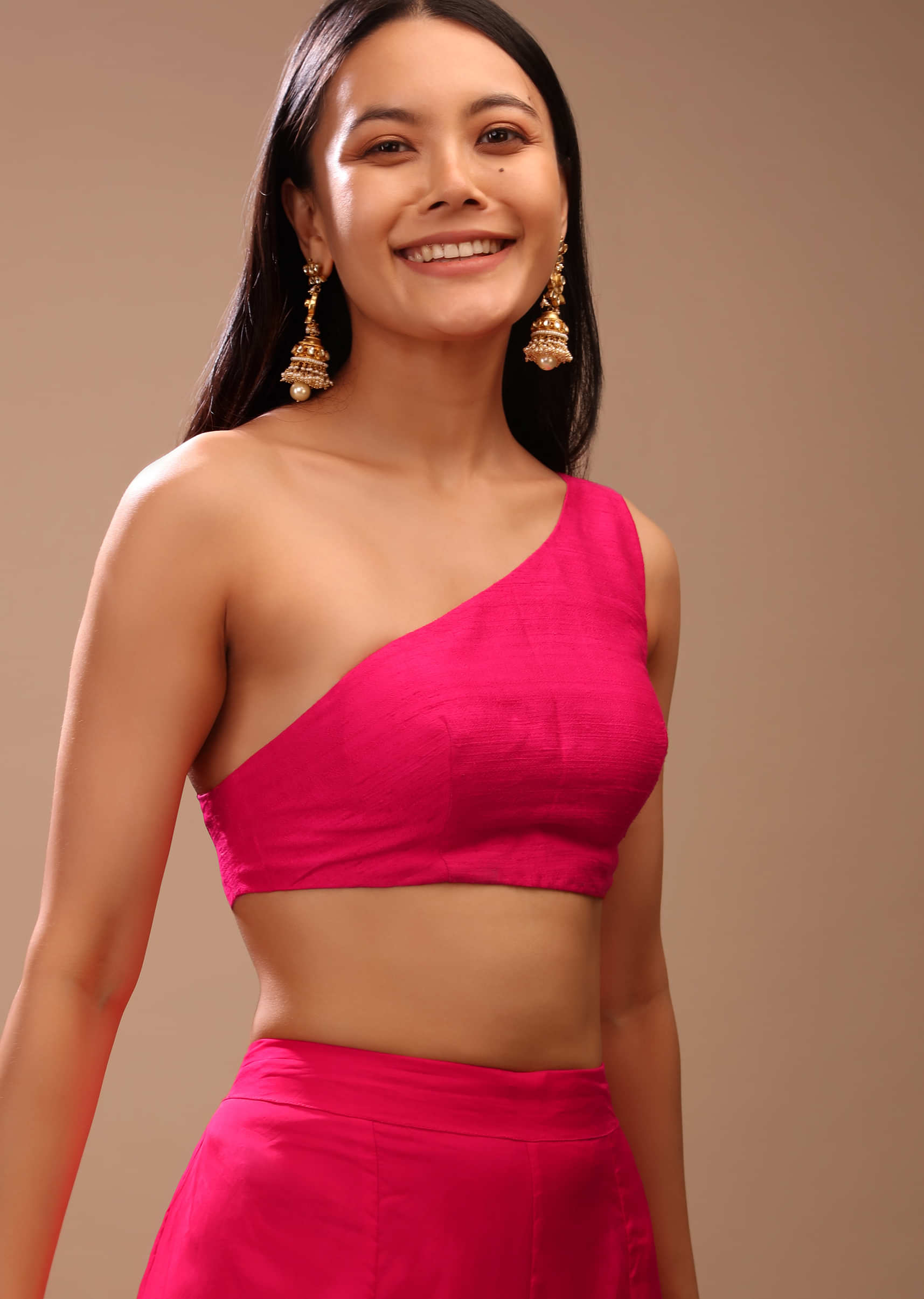 Hot Pink Blouse In Raw Silk With One Shoulder Neckline