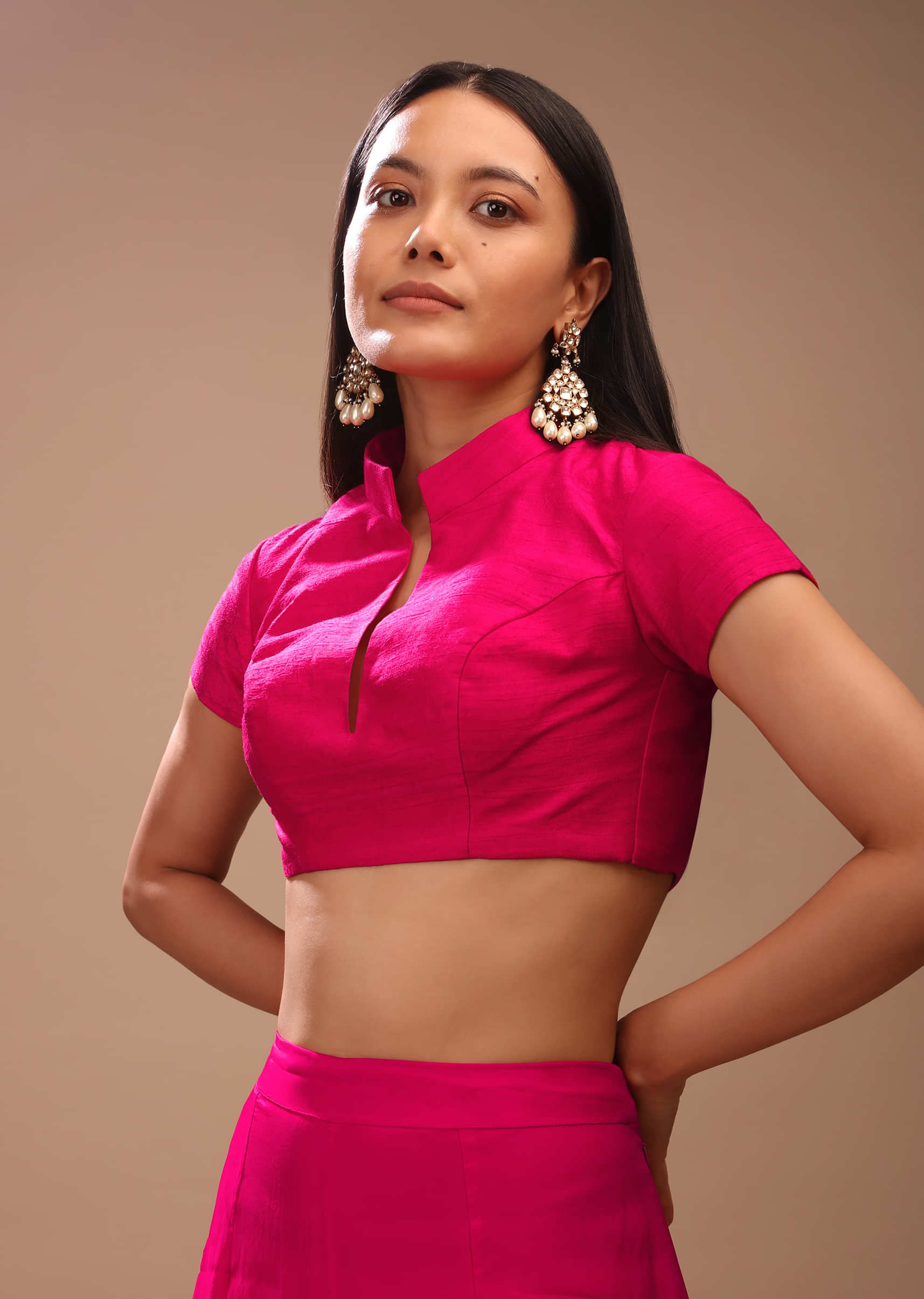 Hot Pink Blouse In Raw Silk With Mandarin Collar Neckline And Cap Sleeves
