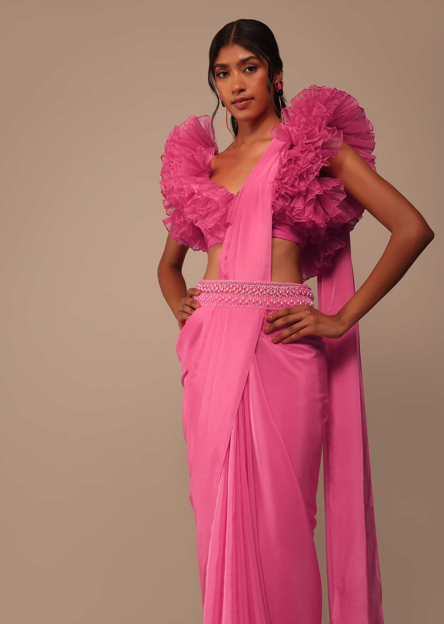 Hot Pink Crepe Indo-western Saree With Pearl Embroidered Belt