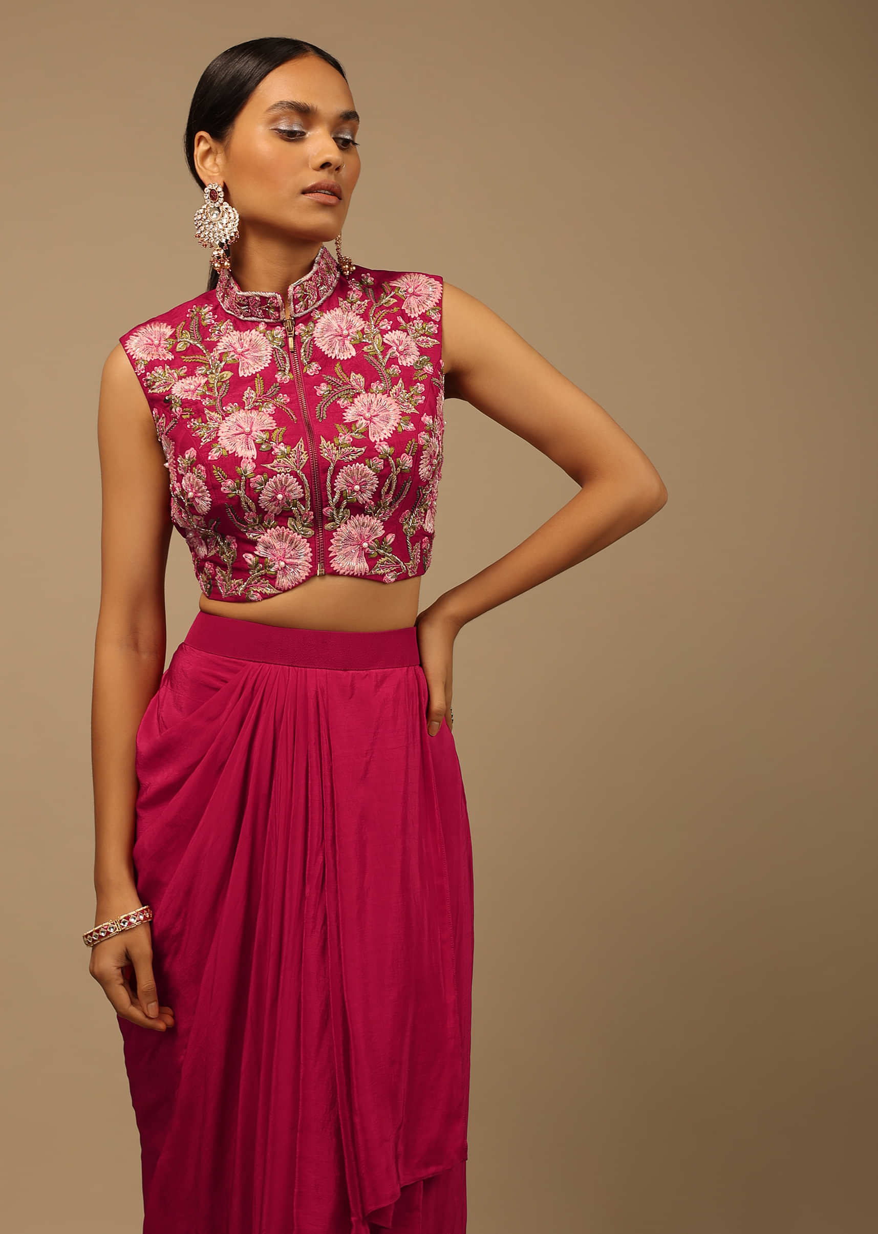 Hot Pink Draped Dhoti Skirt And Crop Top With Multi Colored Resham Flowers And Moti Highlights