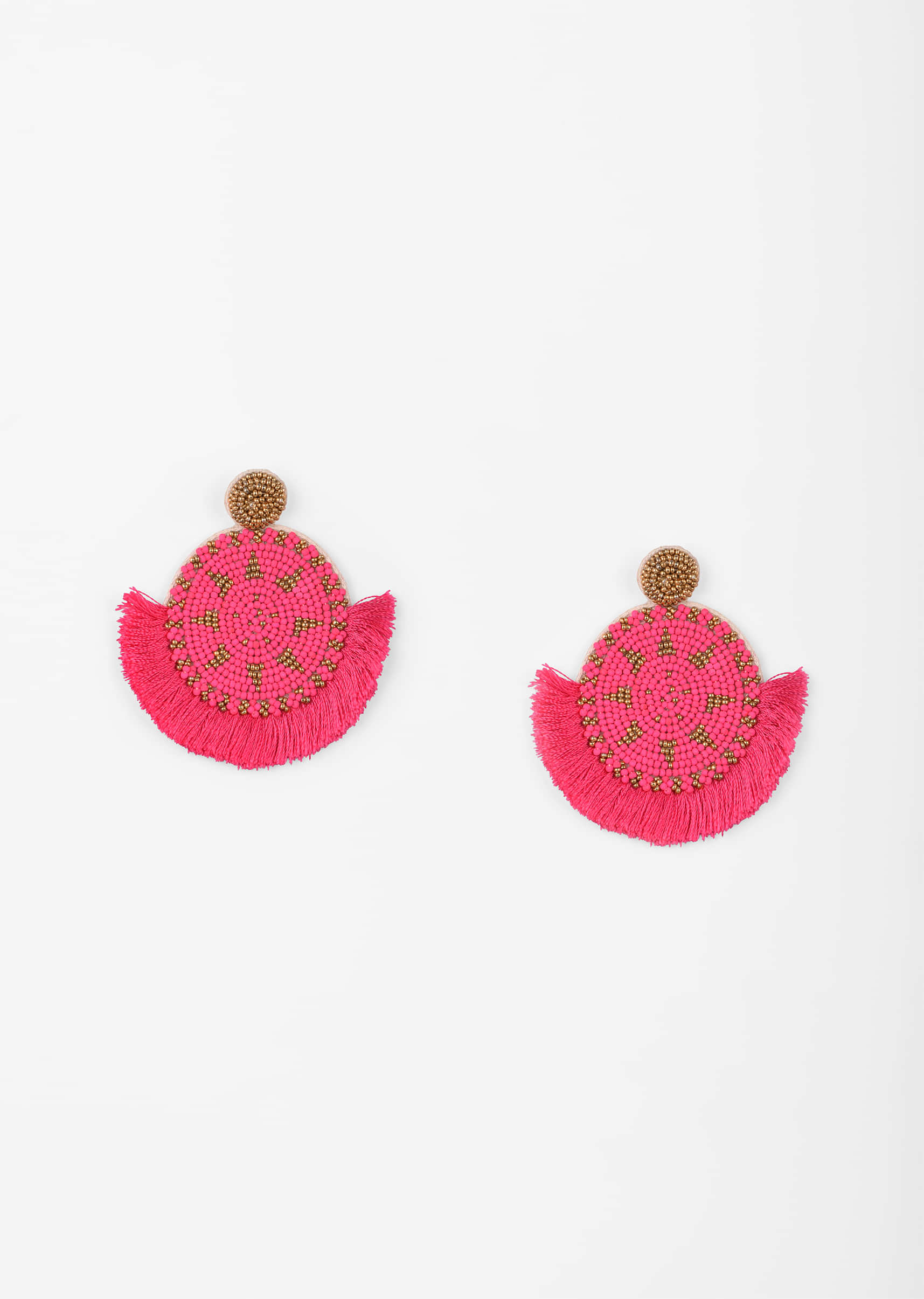 Hot Pink Earrings With Gold And Pink Beads Embroidery And Thread Fringes 