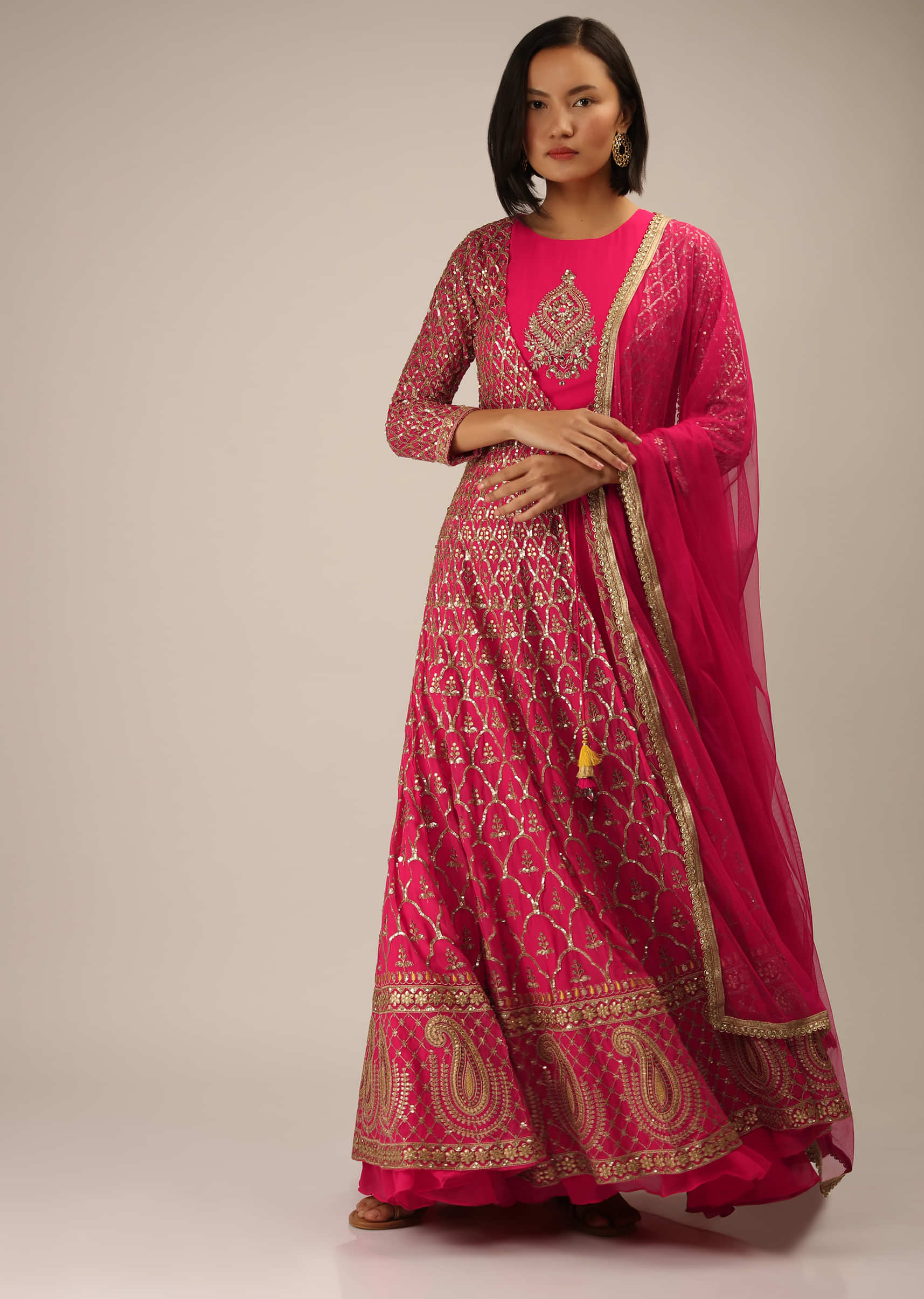 Hot Pink Floor Length Jacket Suit With Zari And Sequins Embroidered Moroccan Jaal