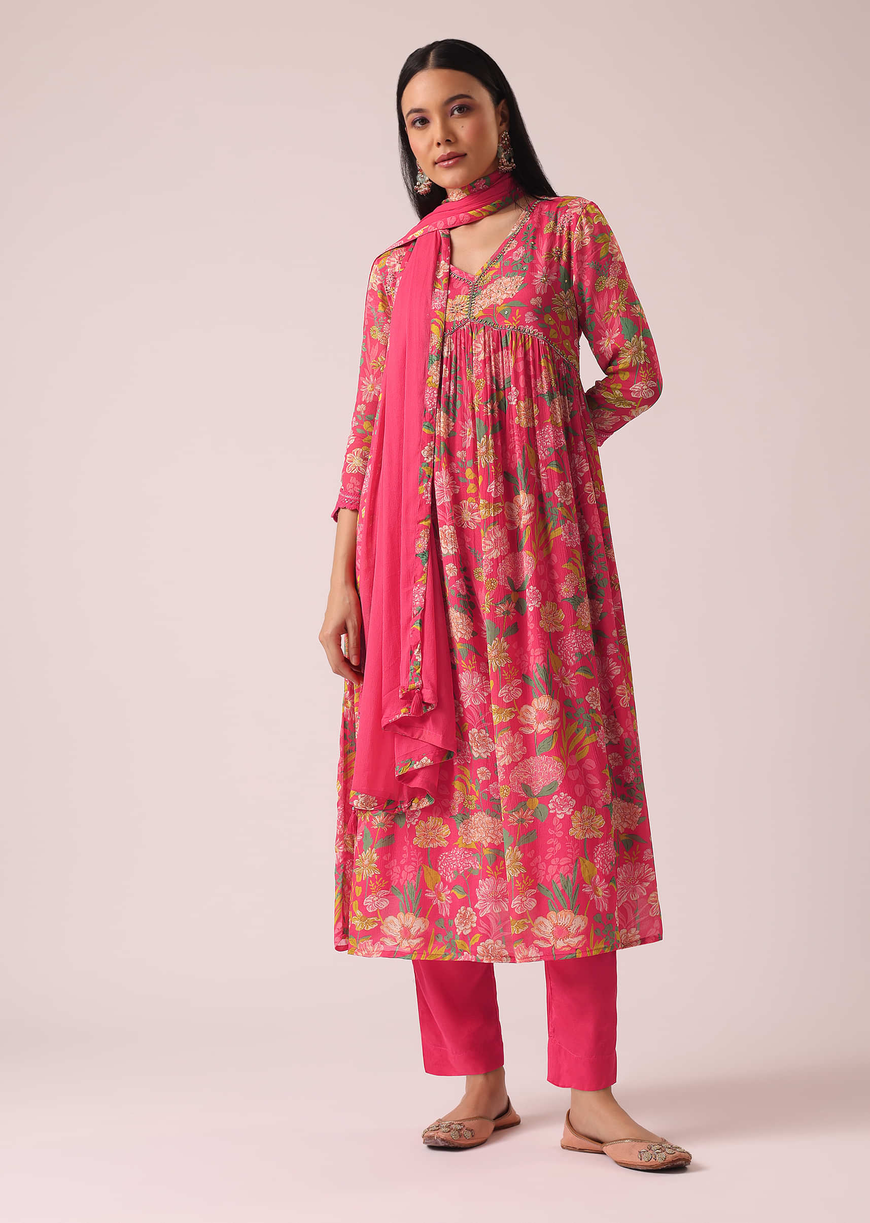 Buy Hot Pink Floral Print Anarkali Set with Sequin Embellishments