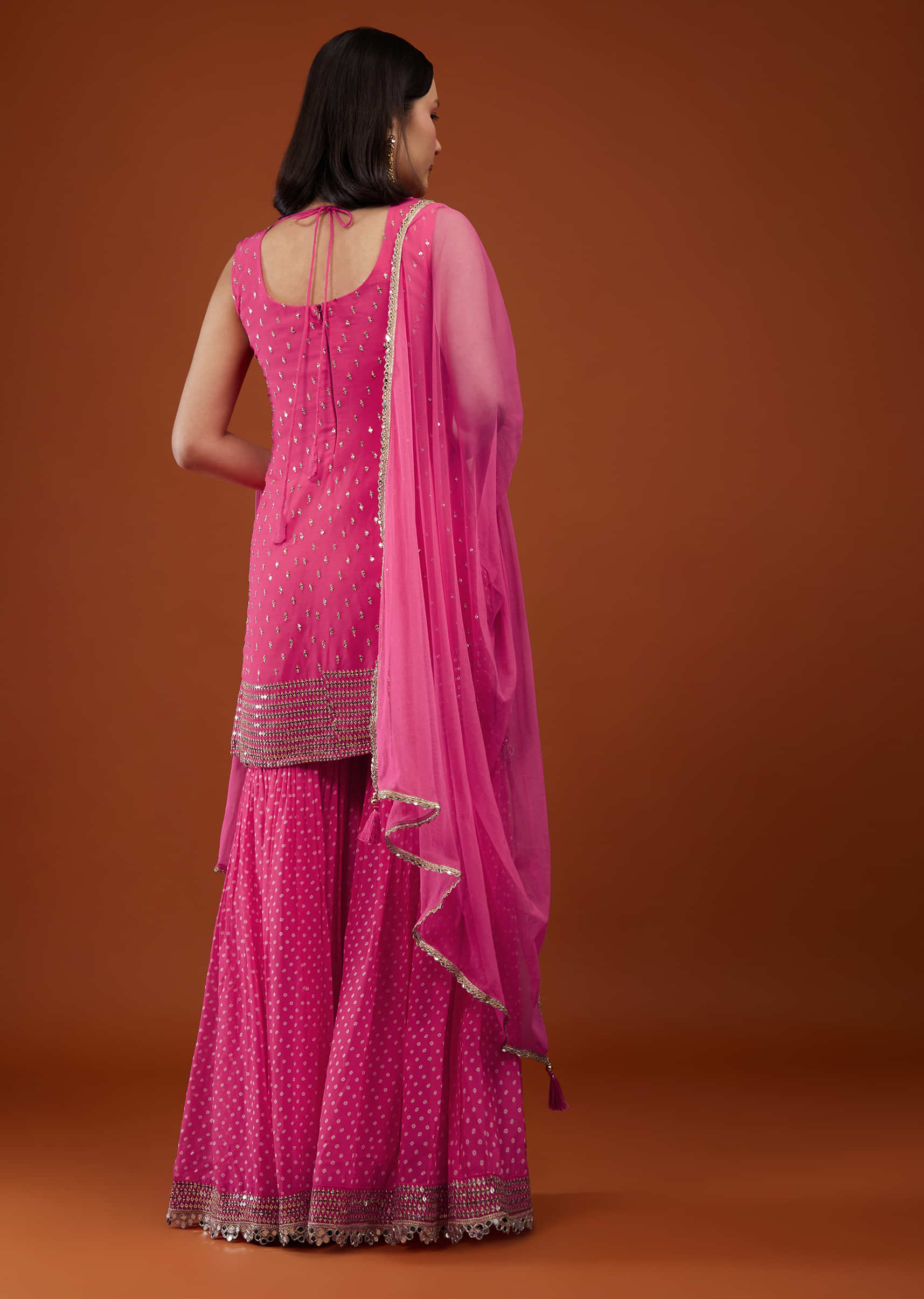 Hot Pink Georgette Sharara Suit With Bandhani Print And Embroidery