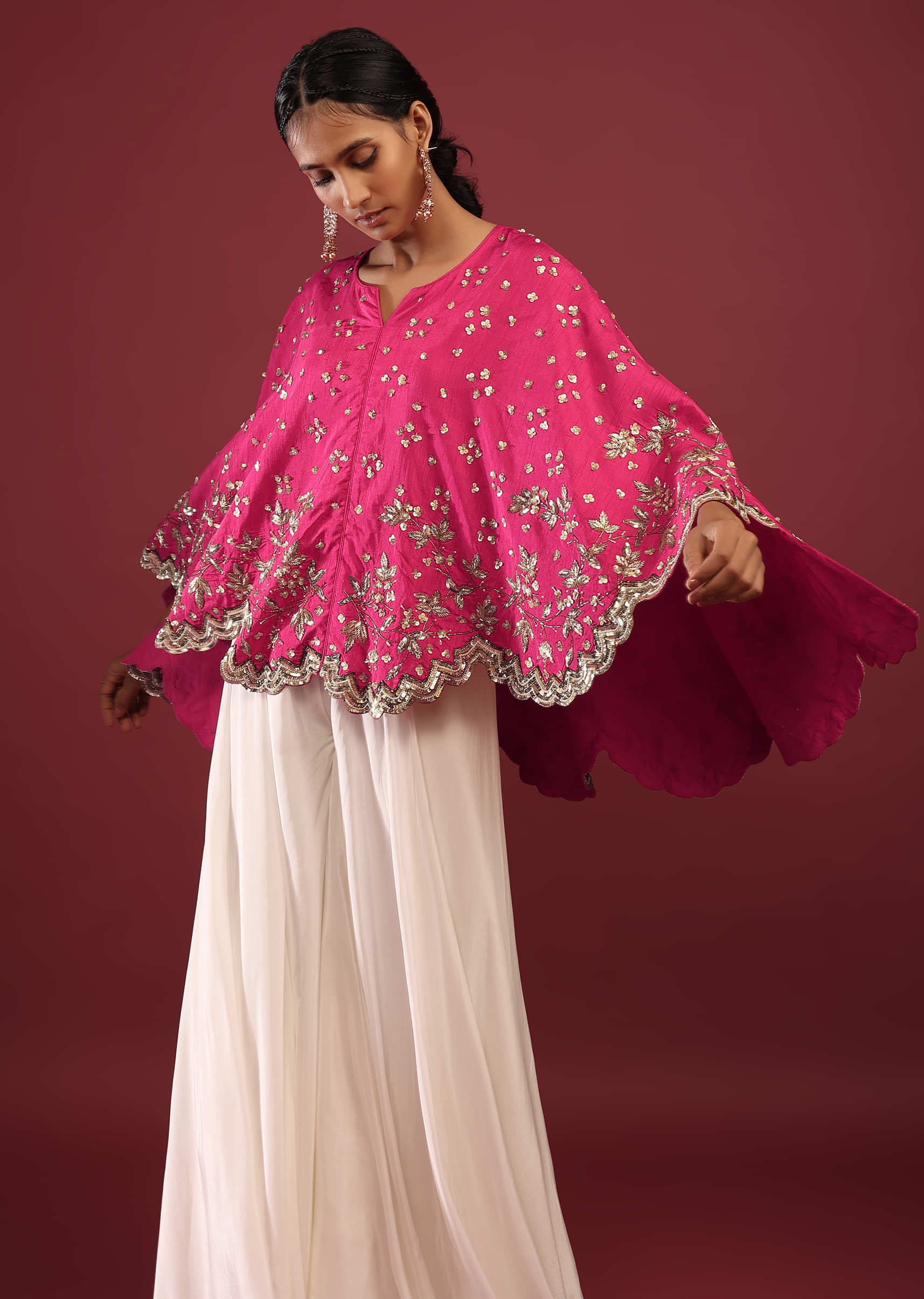Hot Pink High Low Cape And White Palazzo Suit With Sequins And Zardosi Flowers 