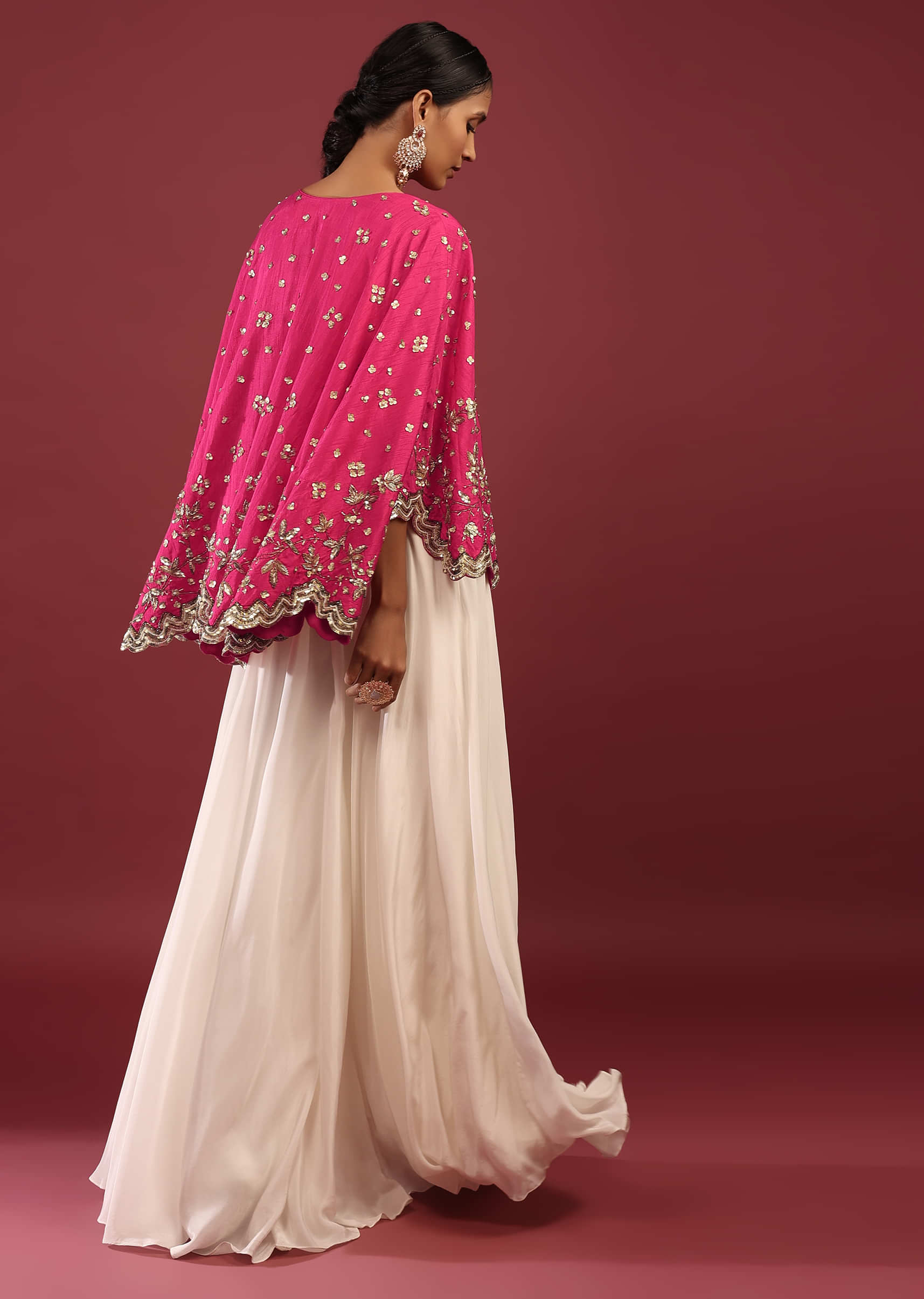 Hot Pink High Low Cape And White Palazzo Suit With Sequins And Zardosi Flowers 