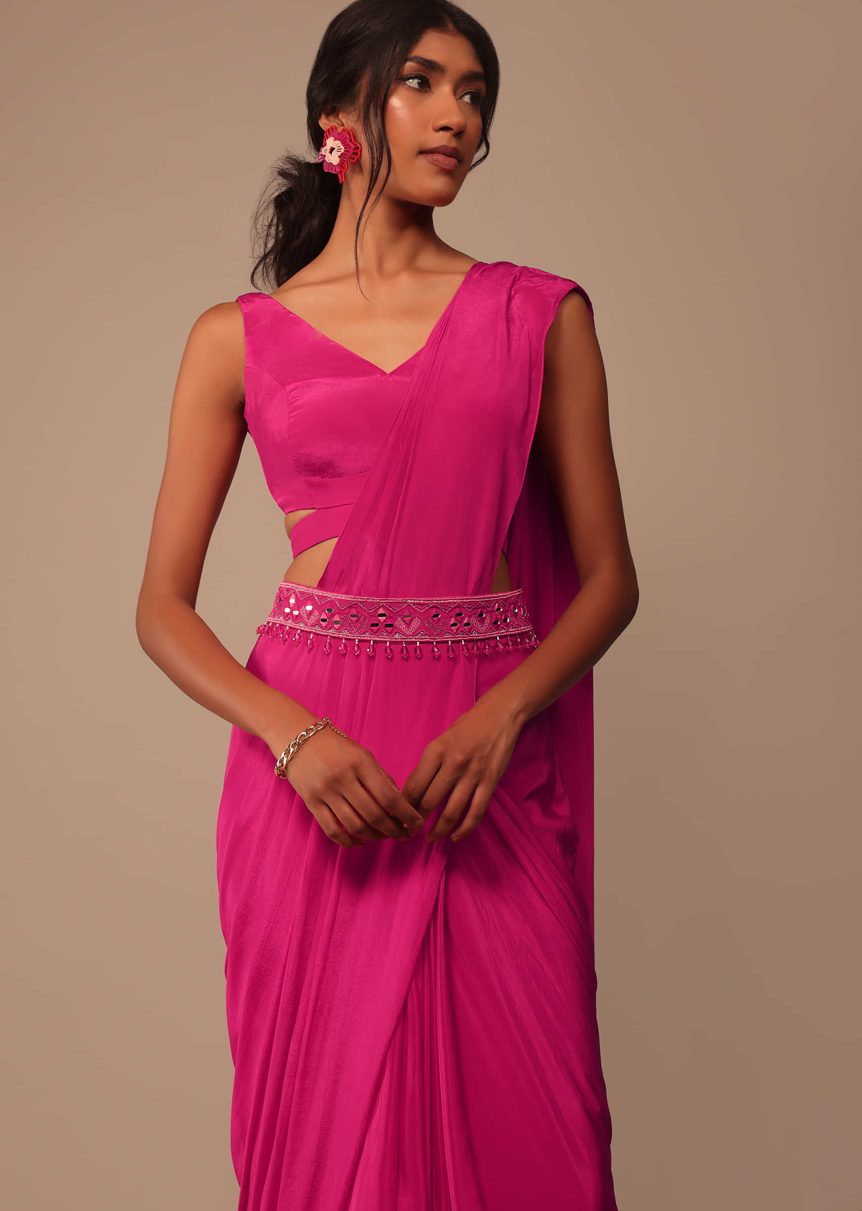 Buy Hot Pink Indo-western Saree Set With Embroidered Belt KALKI Fashion ...