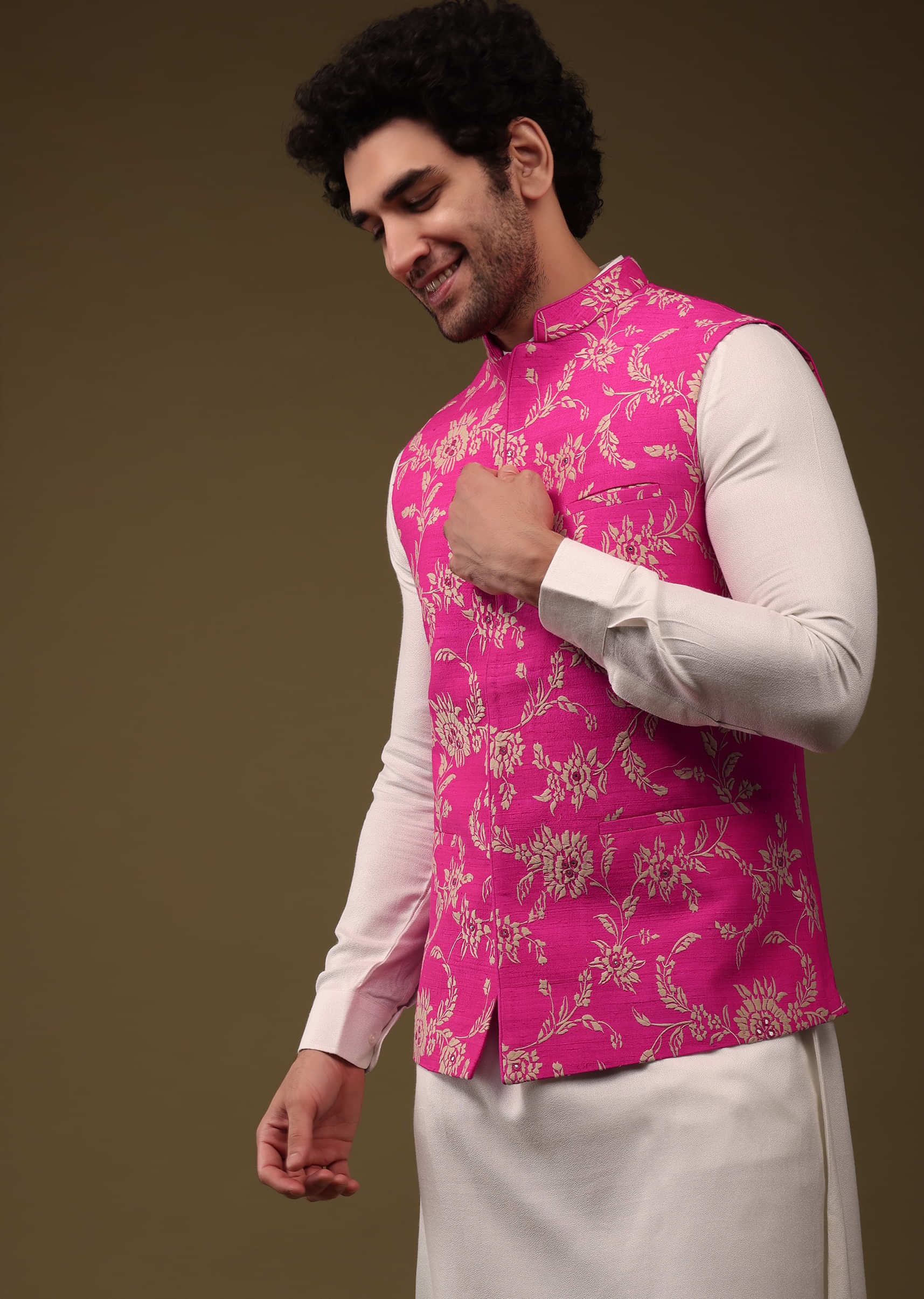 Hot Pink Jacket Kurta Set In Silk With Threadwork And High-Low Kurta