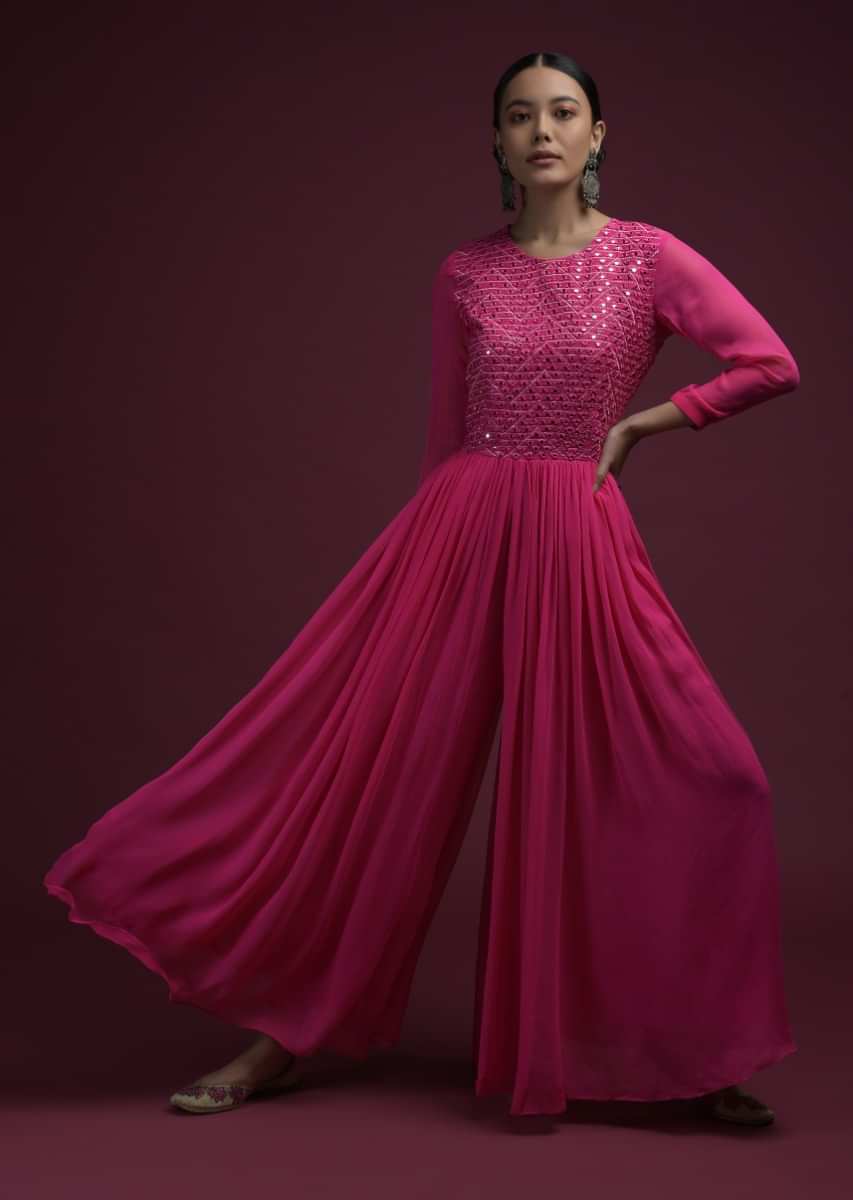 Hot Pink Jumpsuit In Georgette With Heavily Embroidered Bodice In Mirror Abla Work  