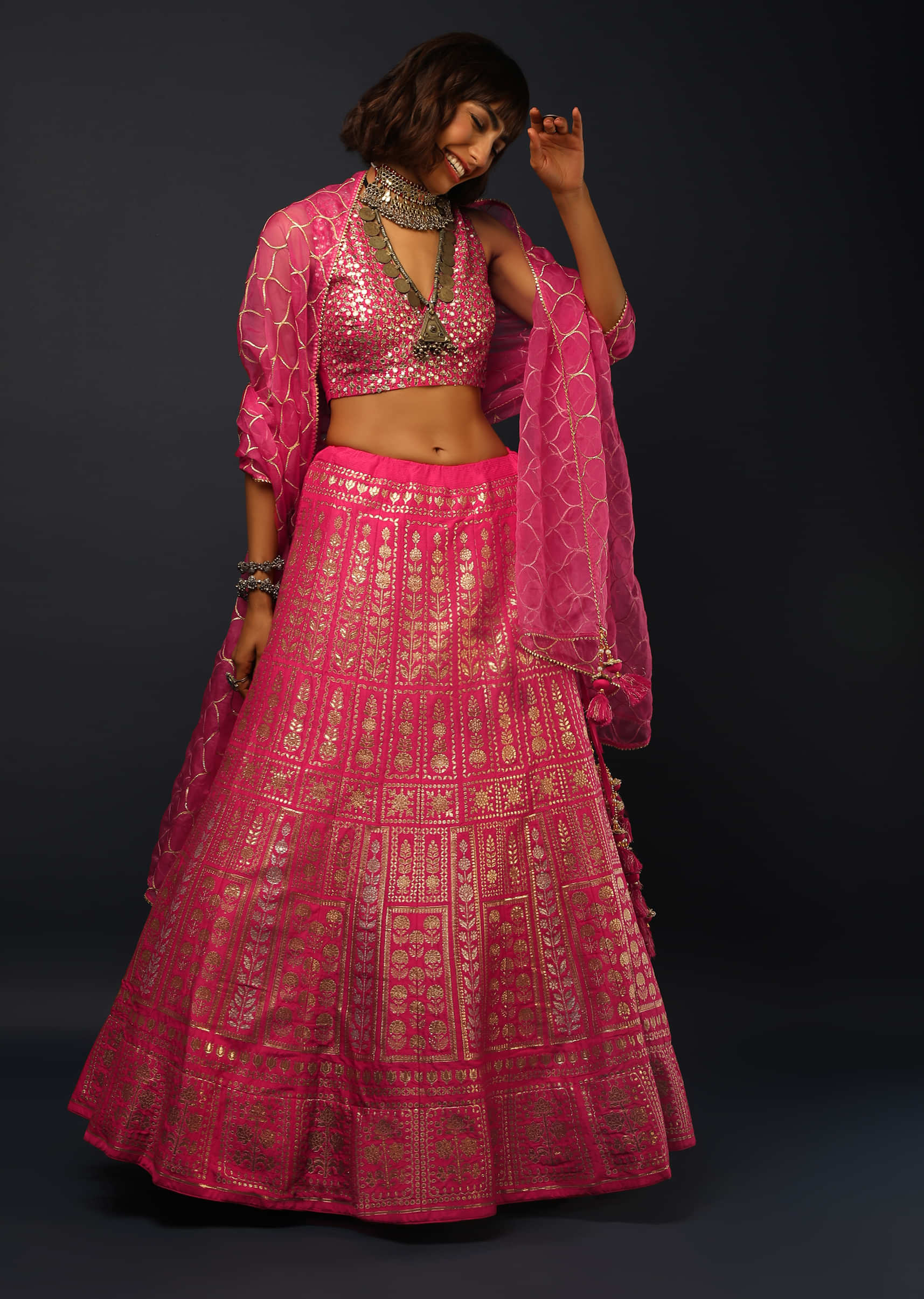 Hot Pink Lehenga In Silk With Brocade Woven Geometric And Floral Motifs And Ready Stitched Gotta Embroidered Blouse 