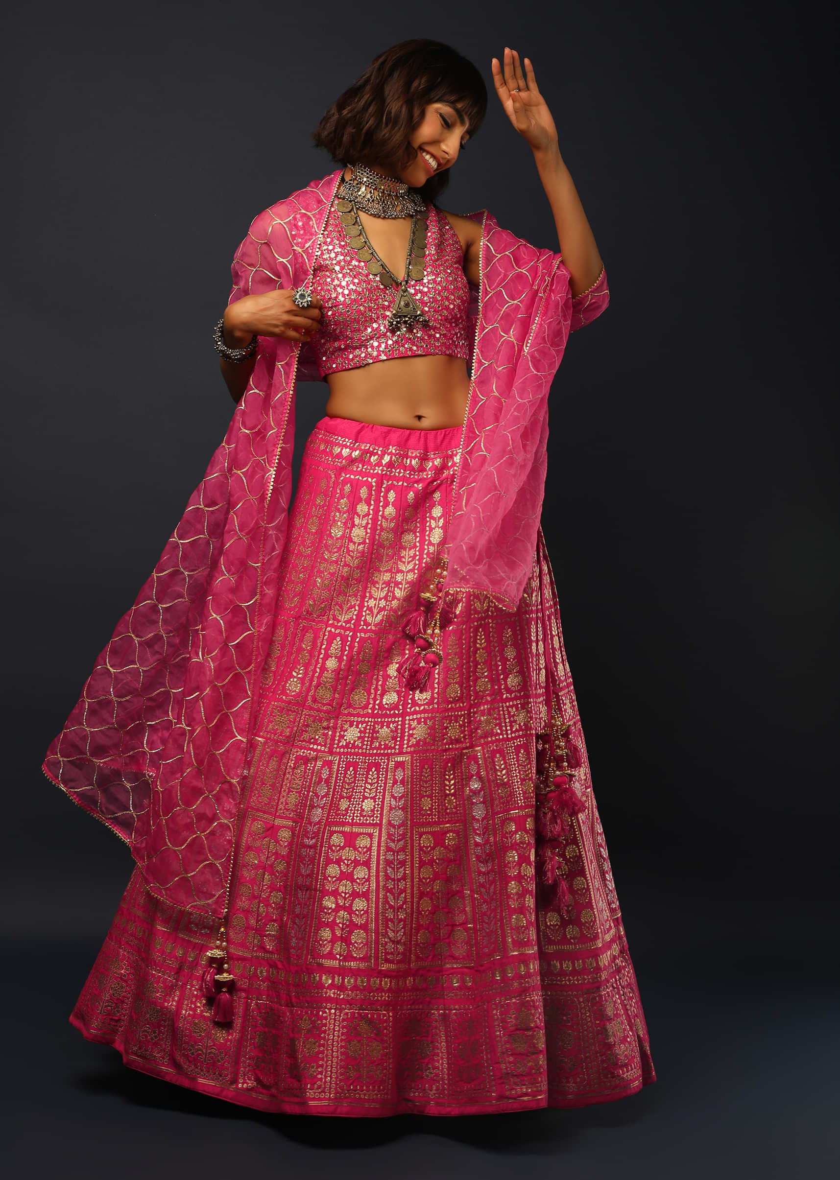 Hot Pink Lehenga In Silk With Brocade Woven Geometric And Floral Motifs And Ready Stitched Gotta Embroidered Blouse 