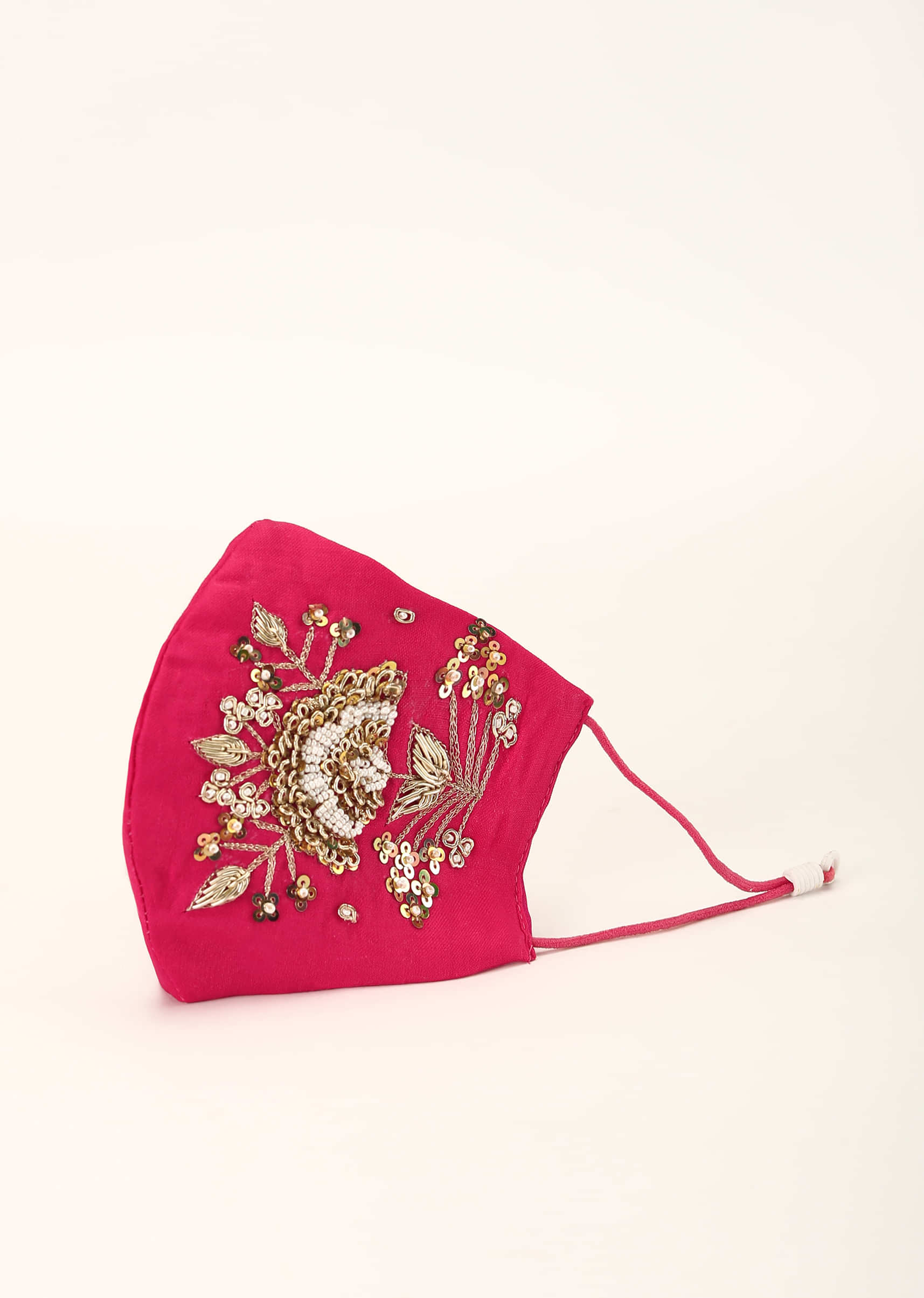 Hot Pink Mask In Silk With Moti And Zardosi Embroidered Floral Motif