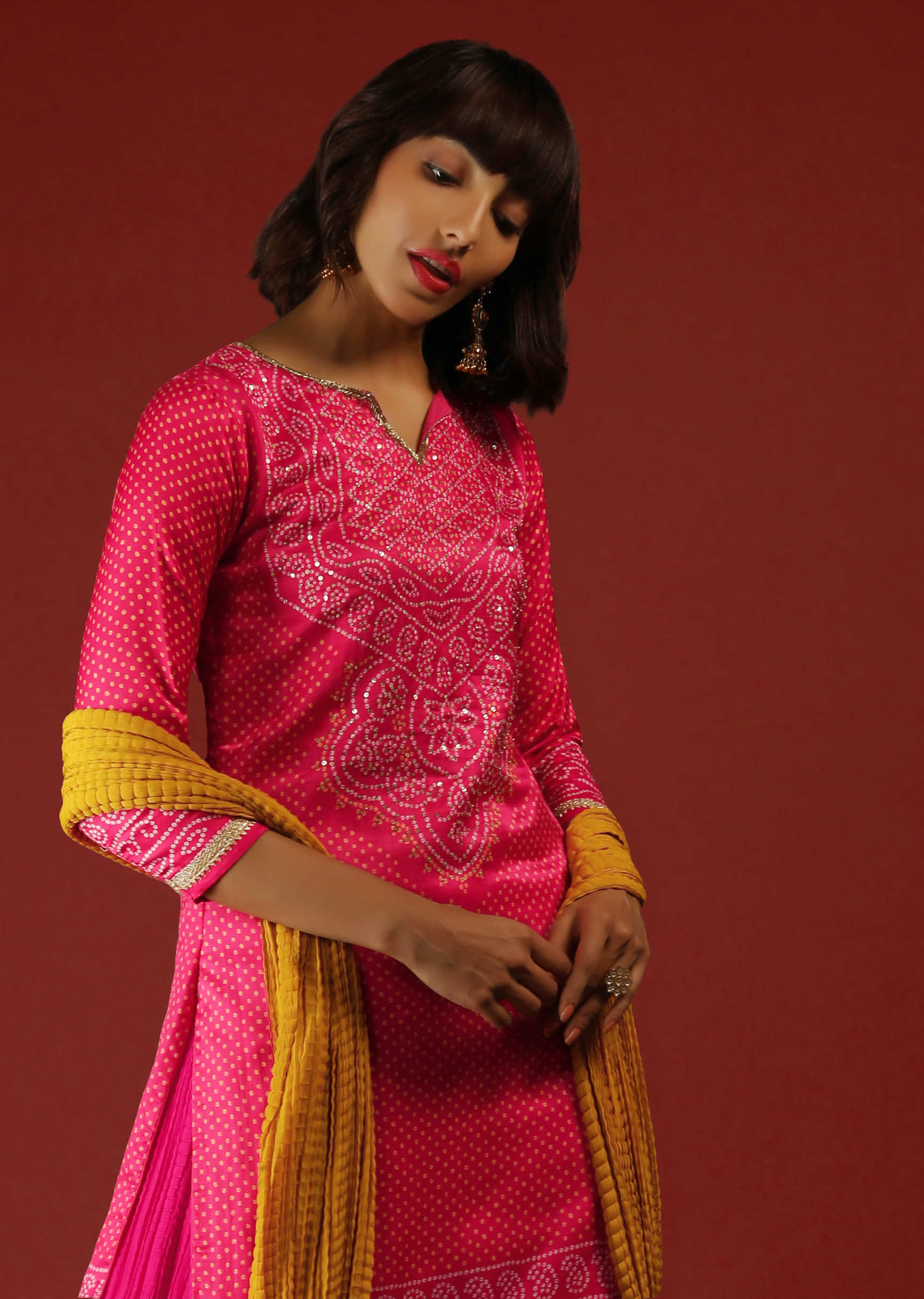 Hot Pink Palazzo Suit In Satin With Bandhani Print And Sequins Embroidery  