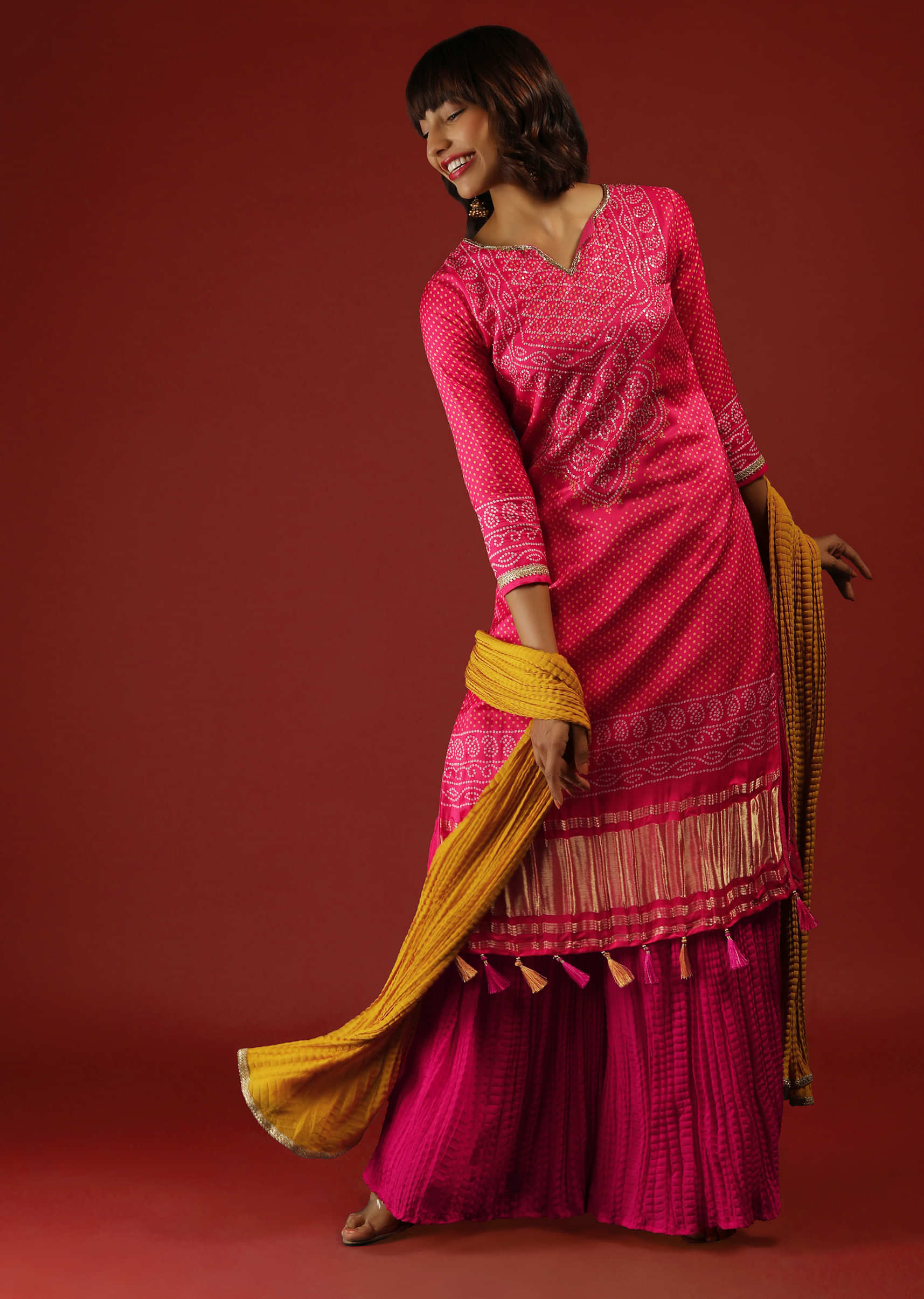 Hot Pink Palazzo Suit In Satin With Bandhani Print And Sequins Embroidery  