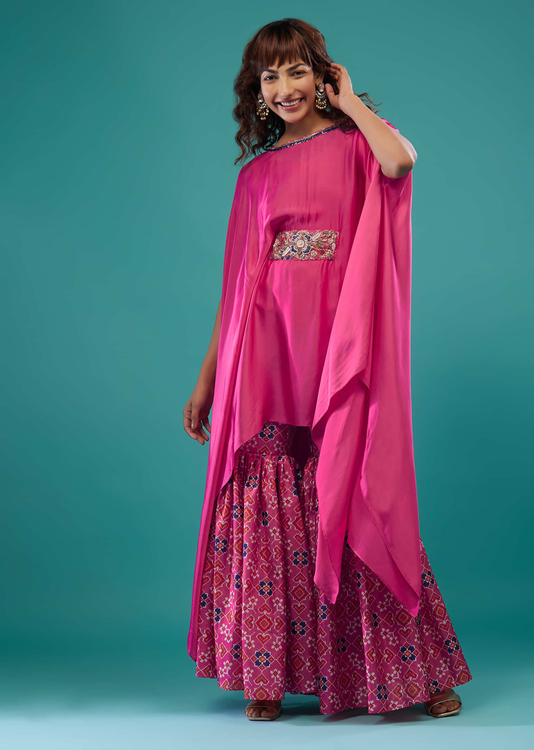 Buy Hot Pink Printed Sharara Suit Se With Kaftan Top In Satin