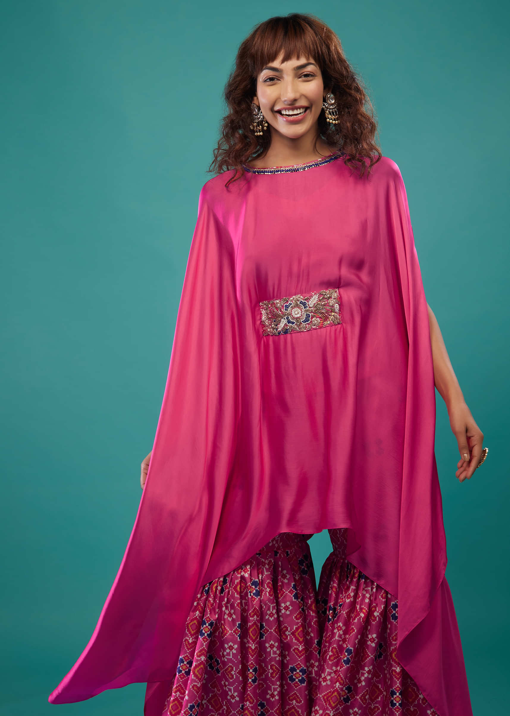 Hot Pink Printed Sharara Suit Se With Kaftan Top In Satin
