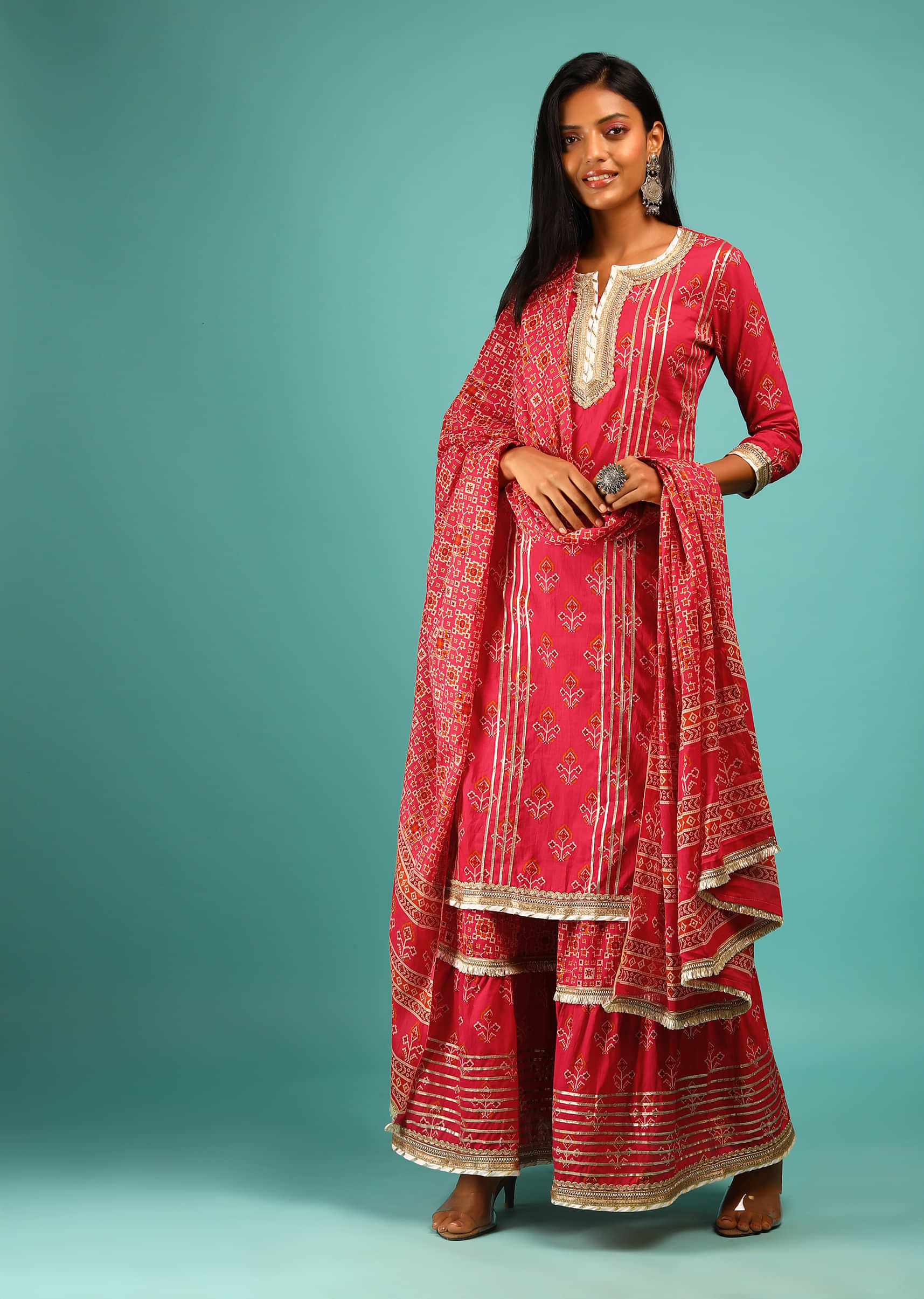 Hot Pink Sharara Suit In Cotton With Multi Colored Patola Print And Gotta Lace Work