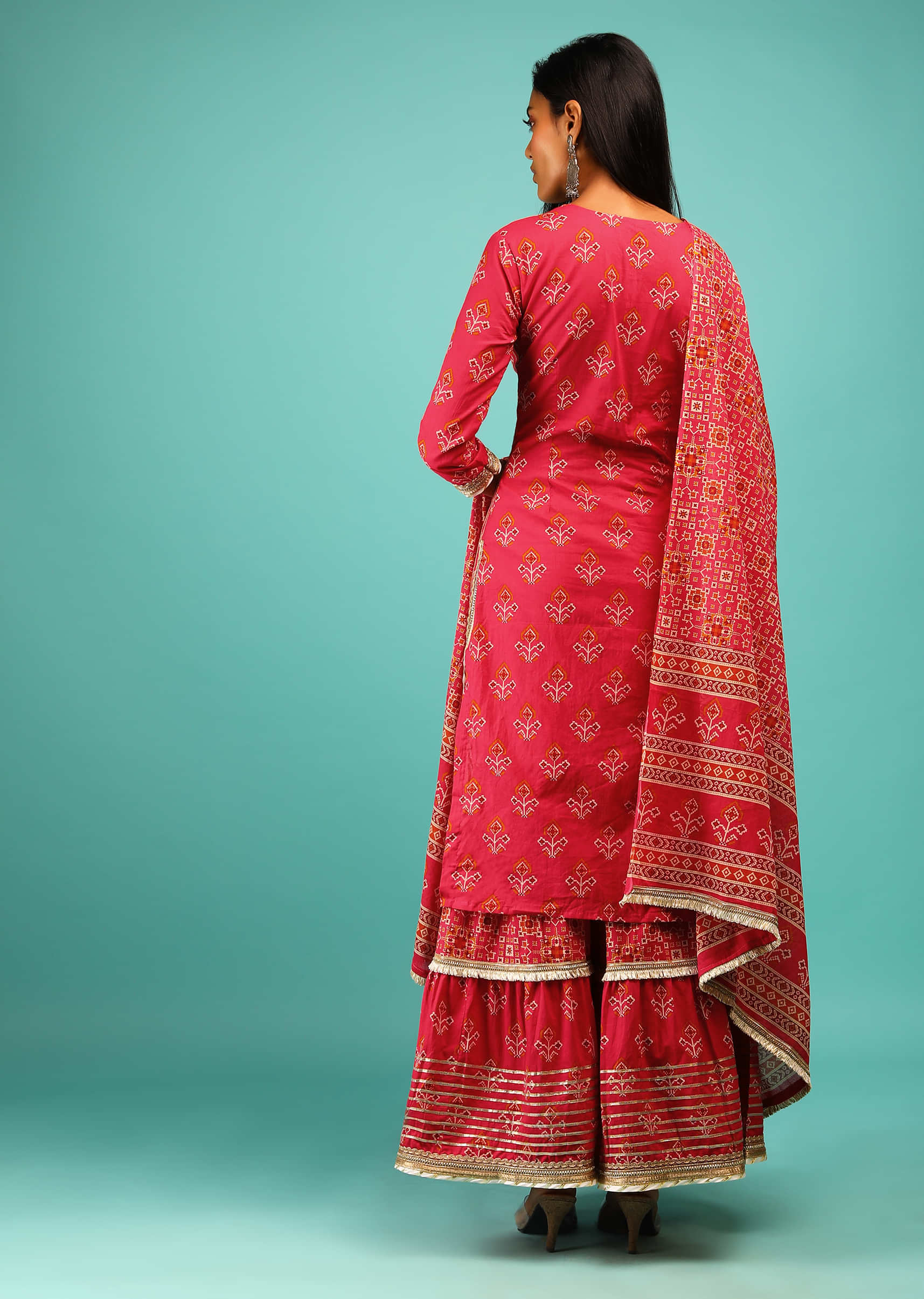 Hot Pink Sharara Suit In Cotton With Multi Colored Patola Print And Gotta Lace Work