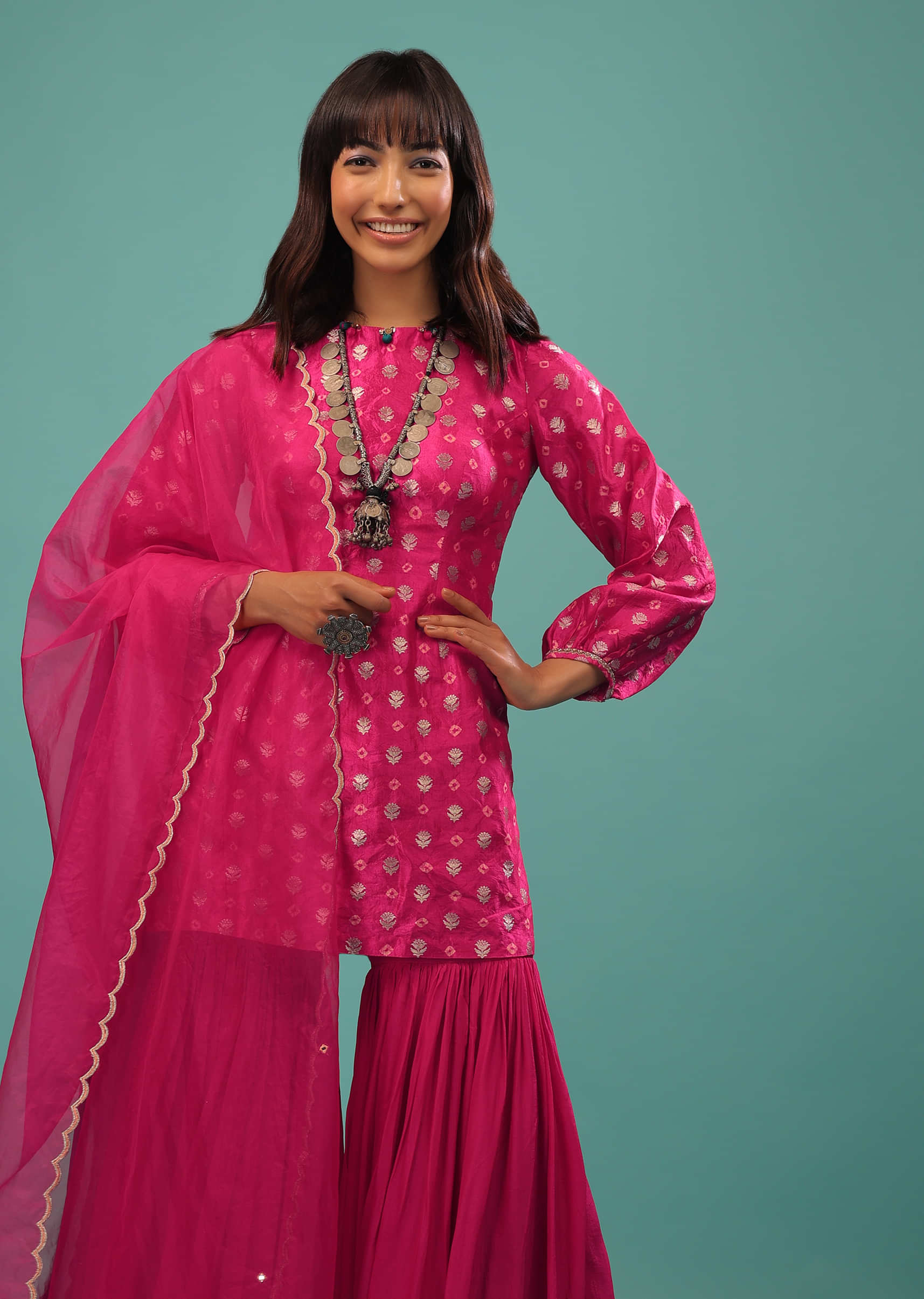 Hot Pink Sharara Suit In With Brocade Buttis And Bandhani Print