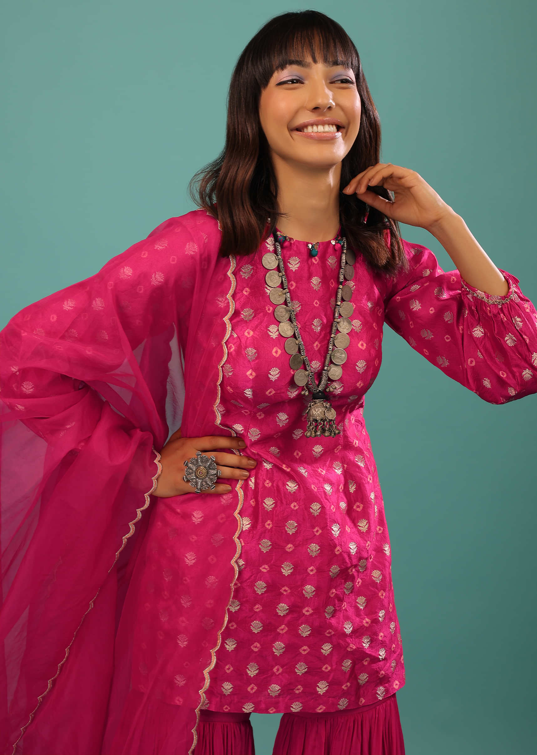 Hot Pink Sharara Suit In With Brocade Buttis And Bandhani Print