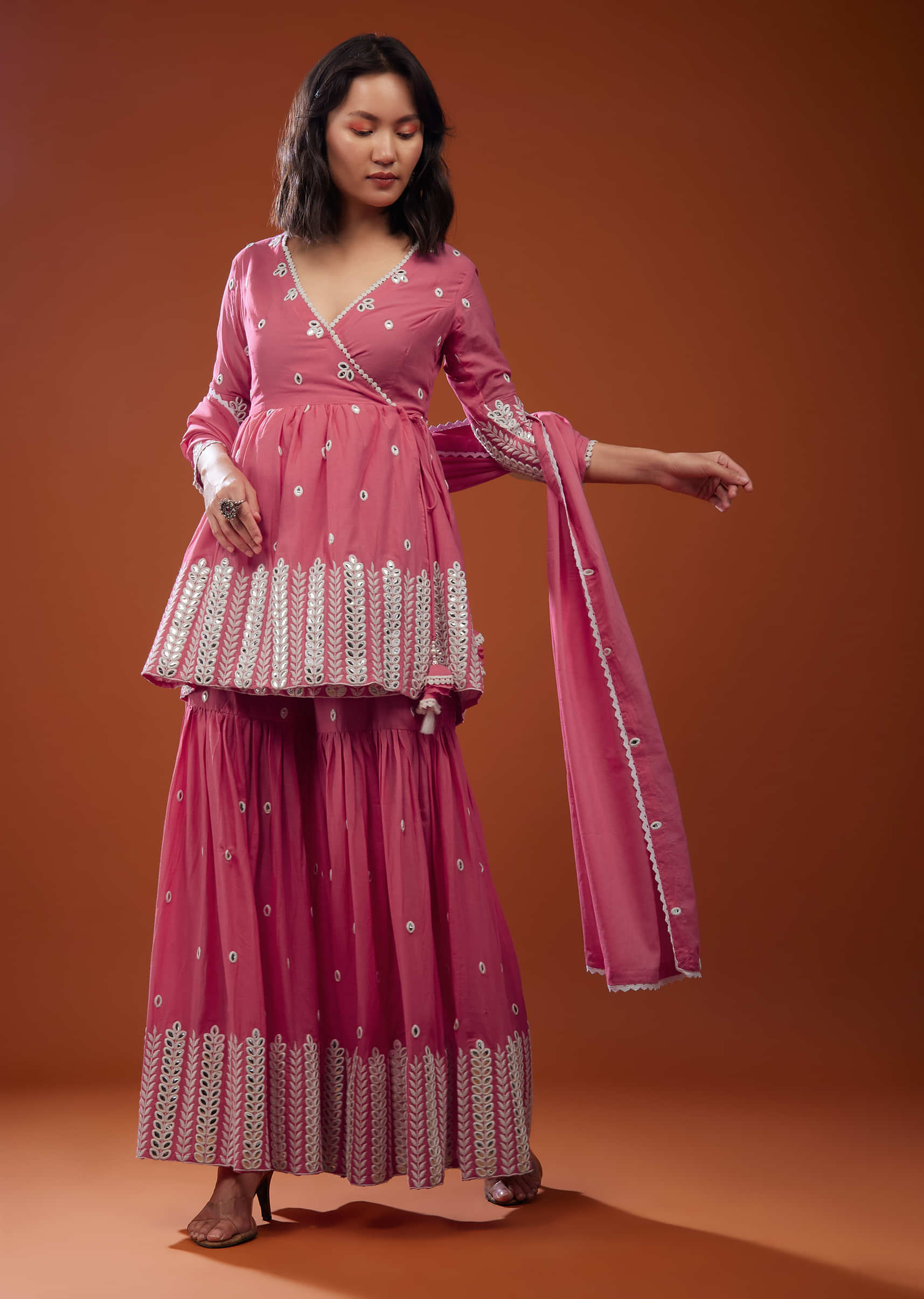 Hot Pink Sharara Suit Set With Angarakha Top