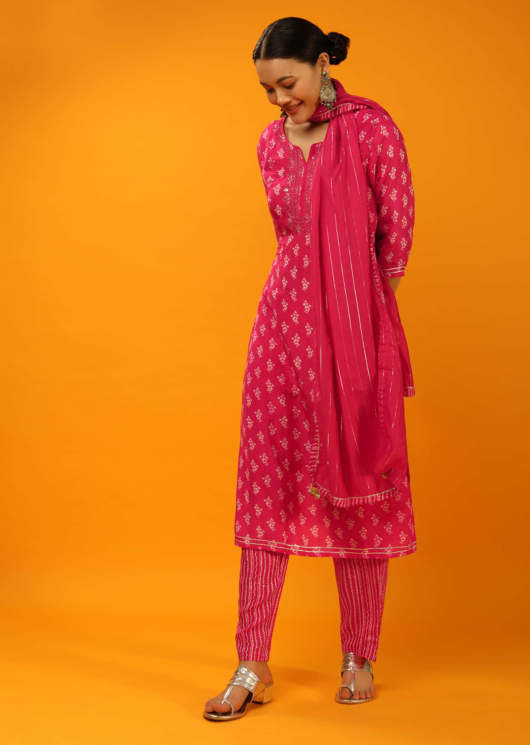 Hot Pink Straight Cut Suit In Cotton With Batik Printed Floral Buttis And Mirror Embroidery Online - Re By Kalki