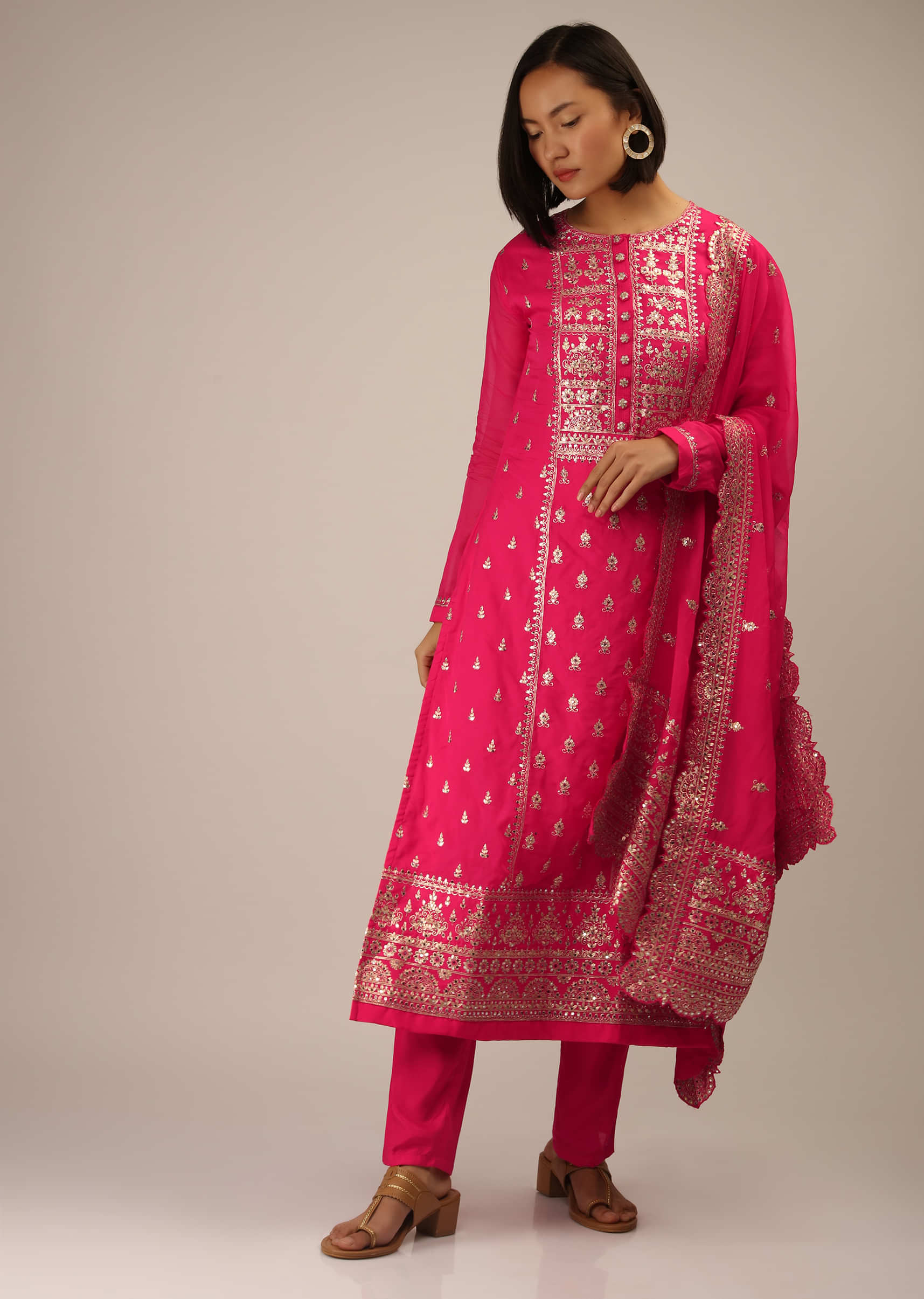 Hot Pink Straight Cut Suit In Organza Silk With Zari And Mirror Work And Full Sleeves
