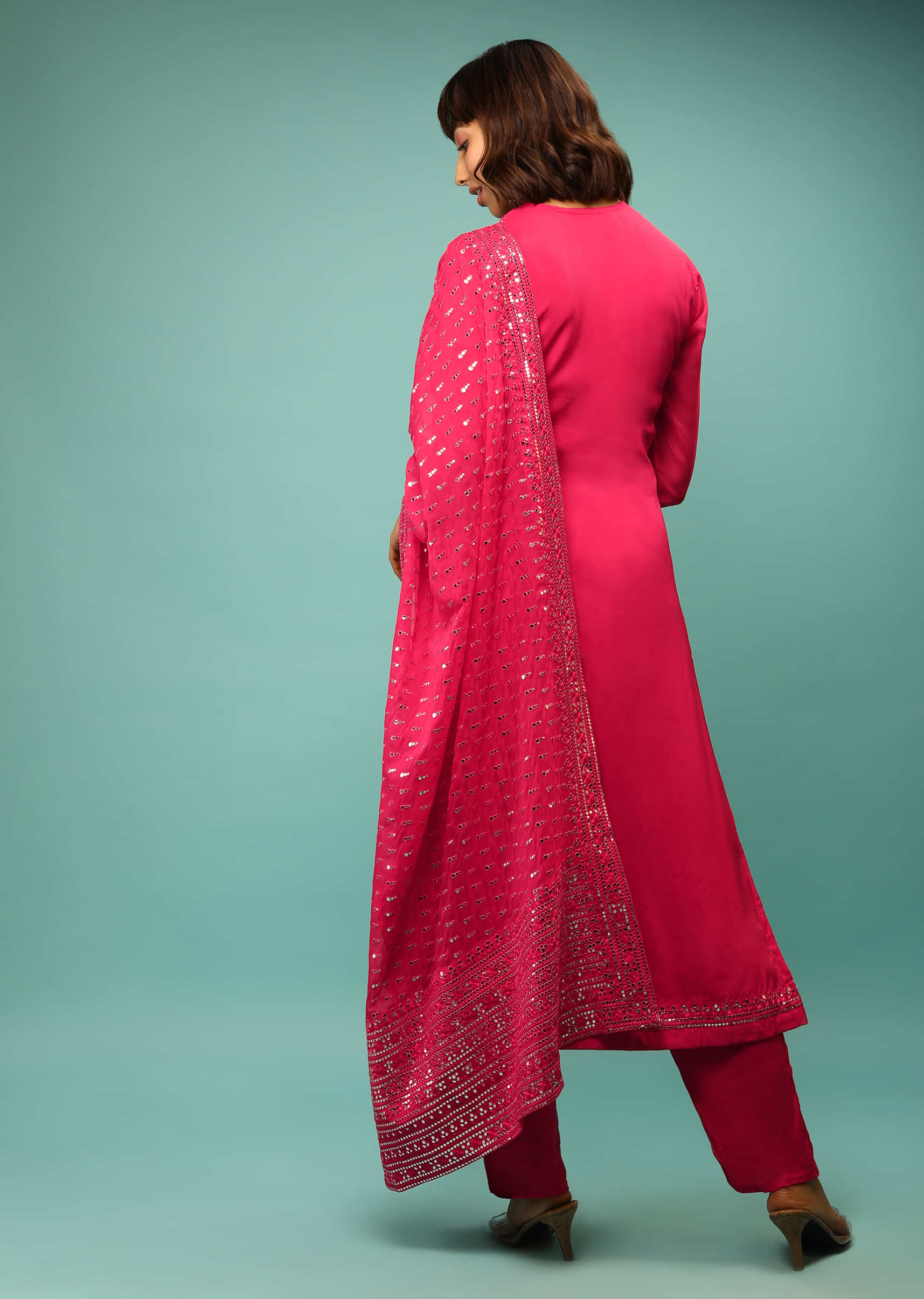 Hot Pink Straight Cut Suit With Full Sleeves And Mirror Embroidered Floral Buttis 