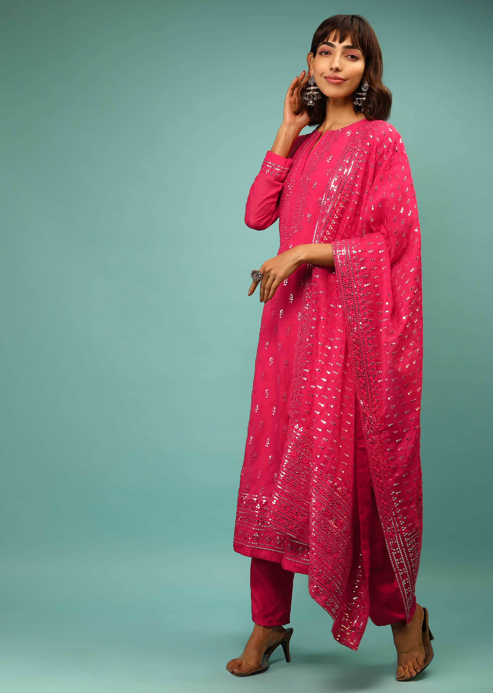Hot Pink Straight Cut Suit With Full Sleeves And Mirror Embroidered Floral Buttis 