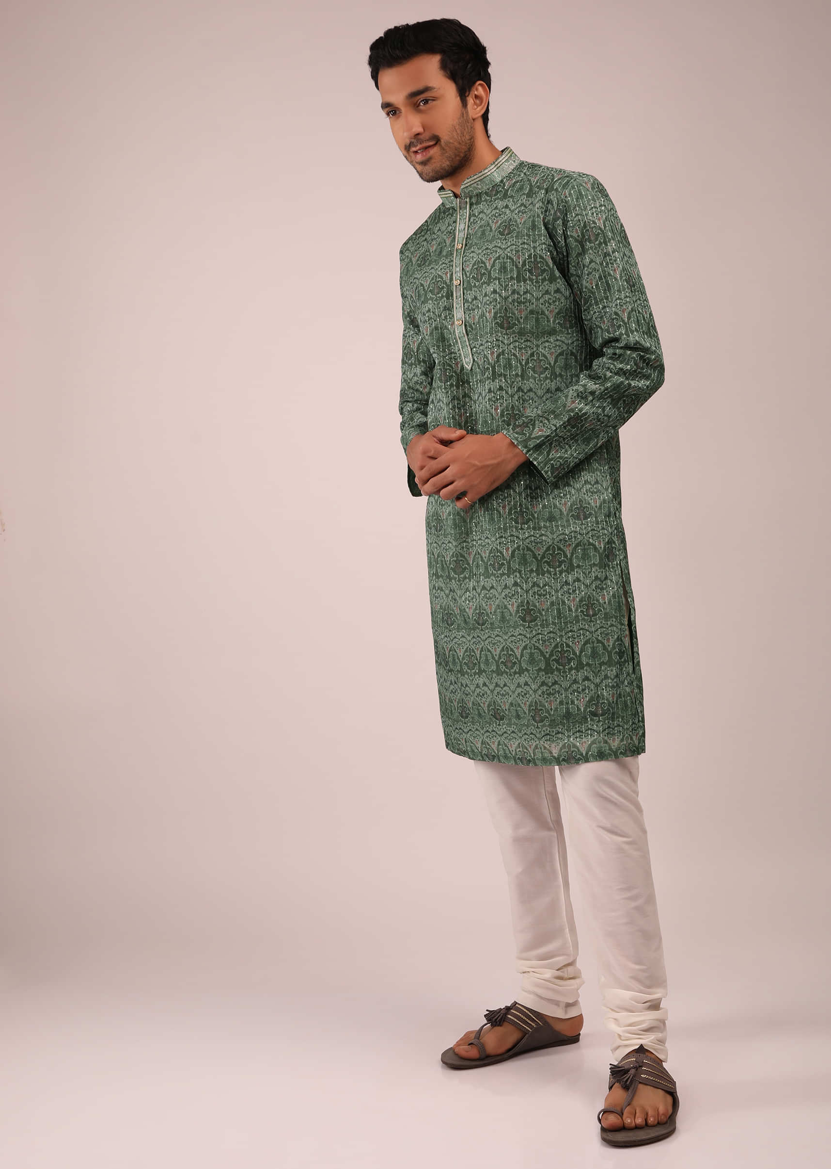 Hunter Green Kurta Set In Silk With Resist Dyed Moroccan Jaal And Sequin Accents