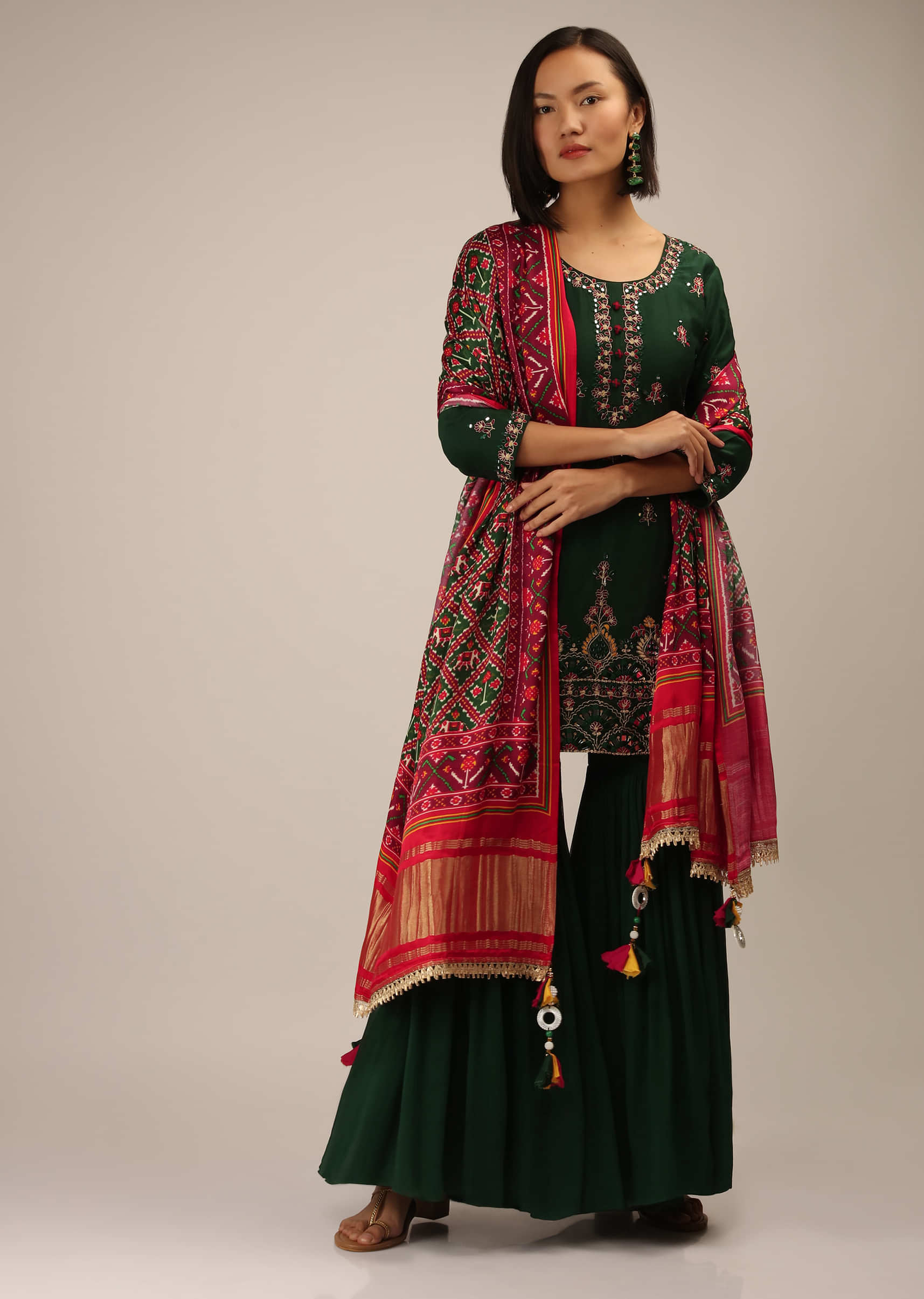 Buy Hunter Green Sharara Suit In Cotton Silk With Multi Colored Embroidery And Satin Patola Dupatta
