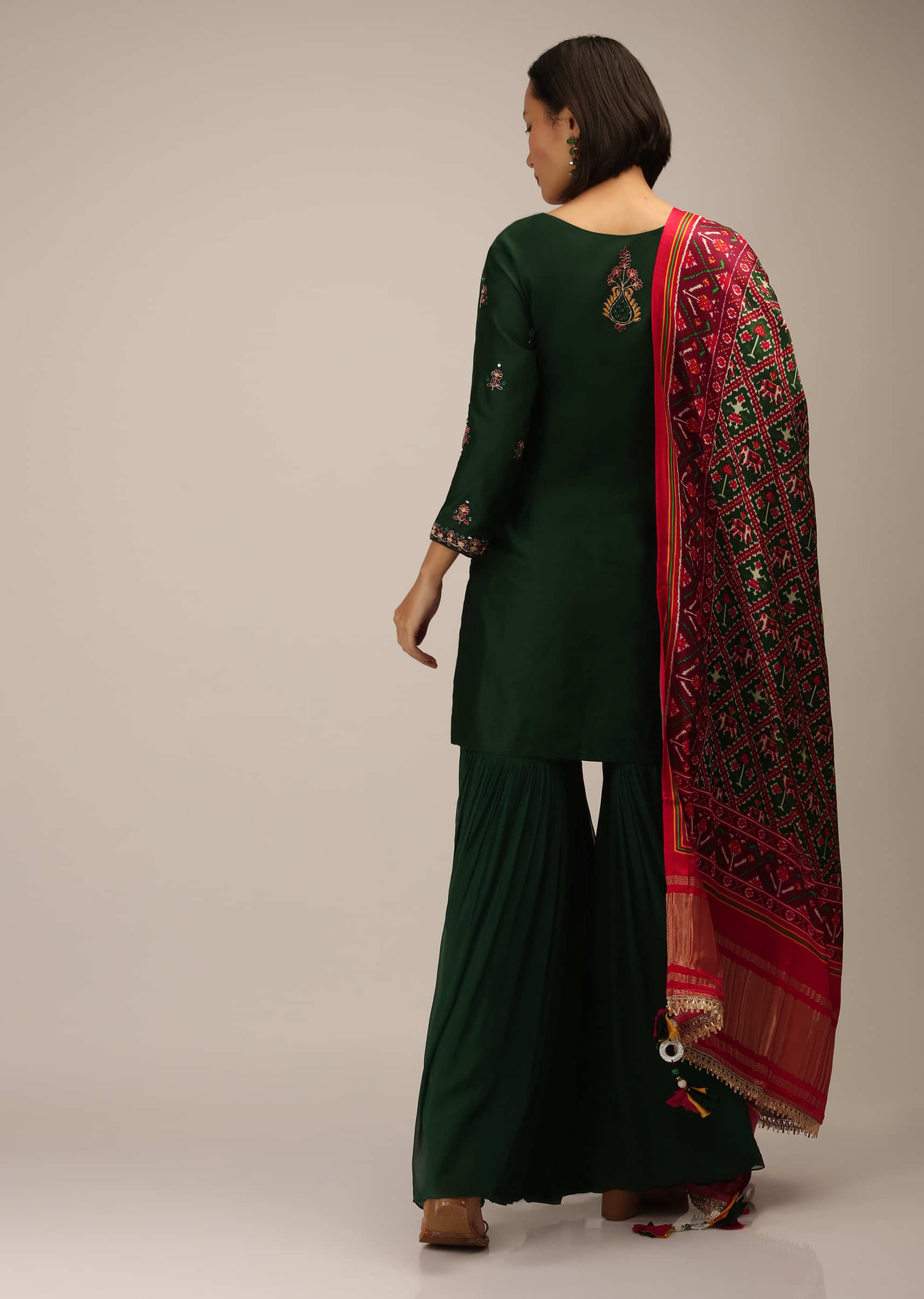 Buy Hunter Green Sharara Suit In Cotton Silk With Multi Colored Embroidery And Satin Patola Dupatta