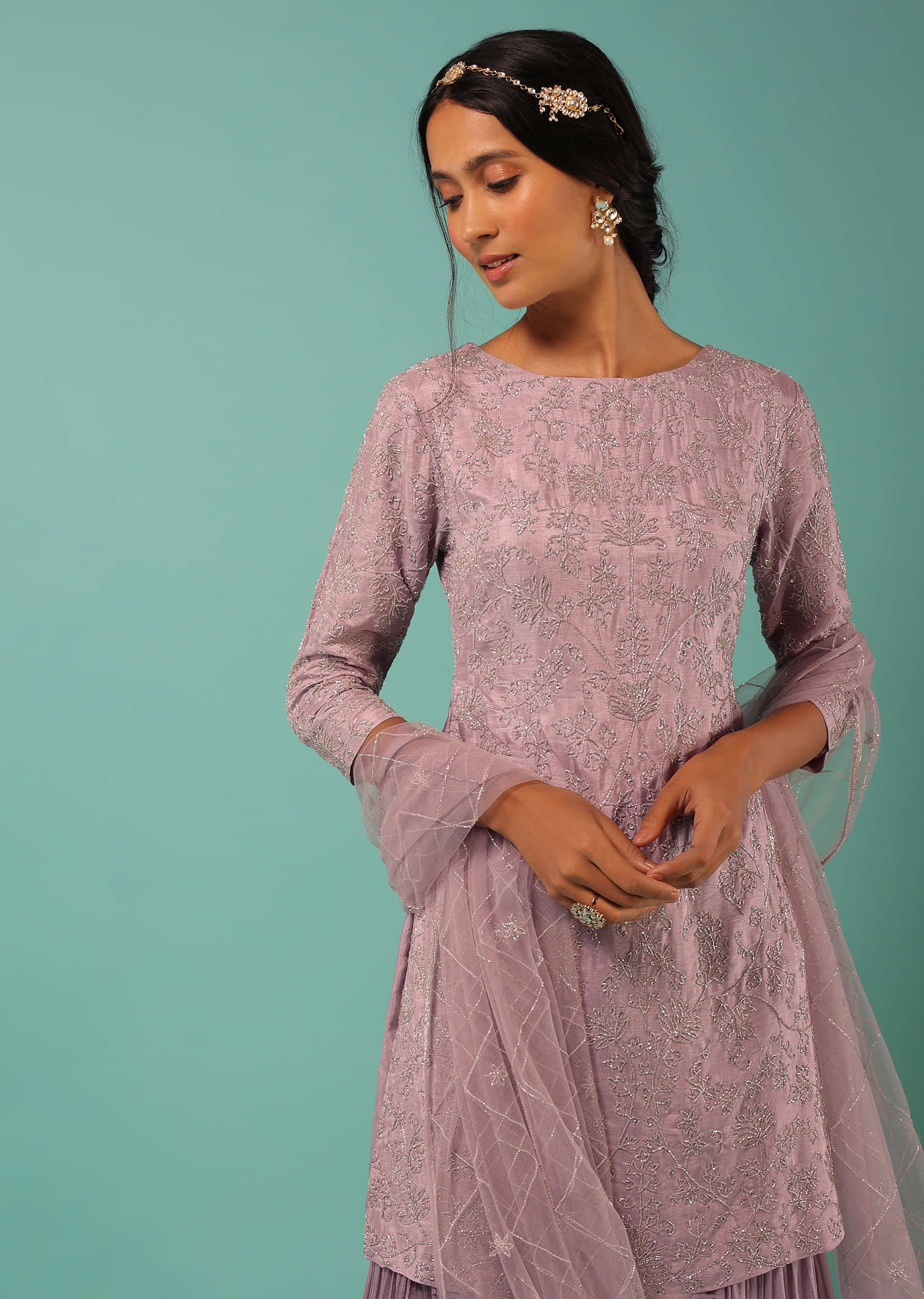 Lavender Sharara Suit With Detailed Cut Dana Embroidered Floral Motifs
