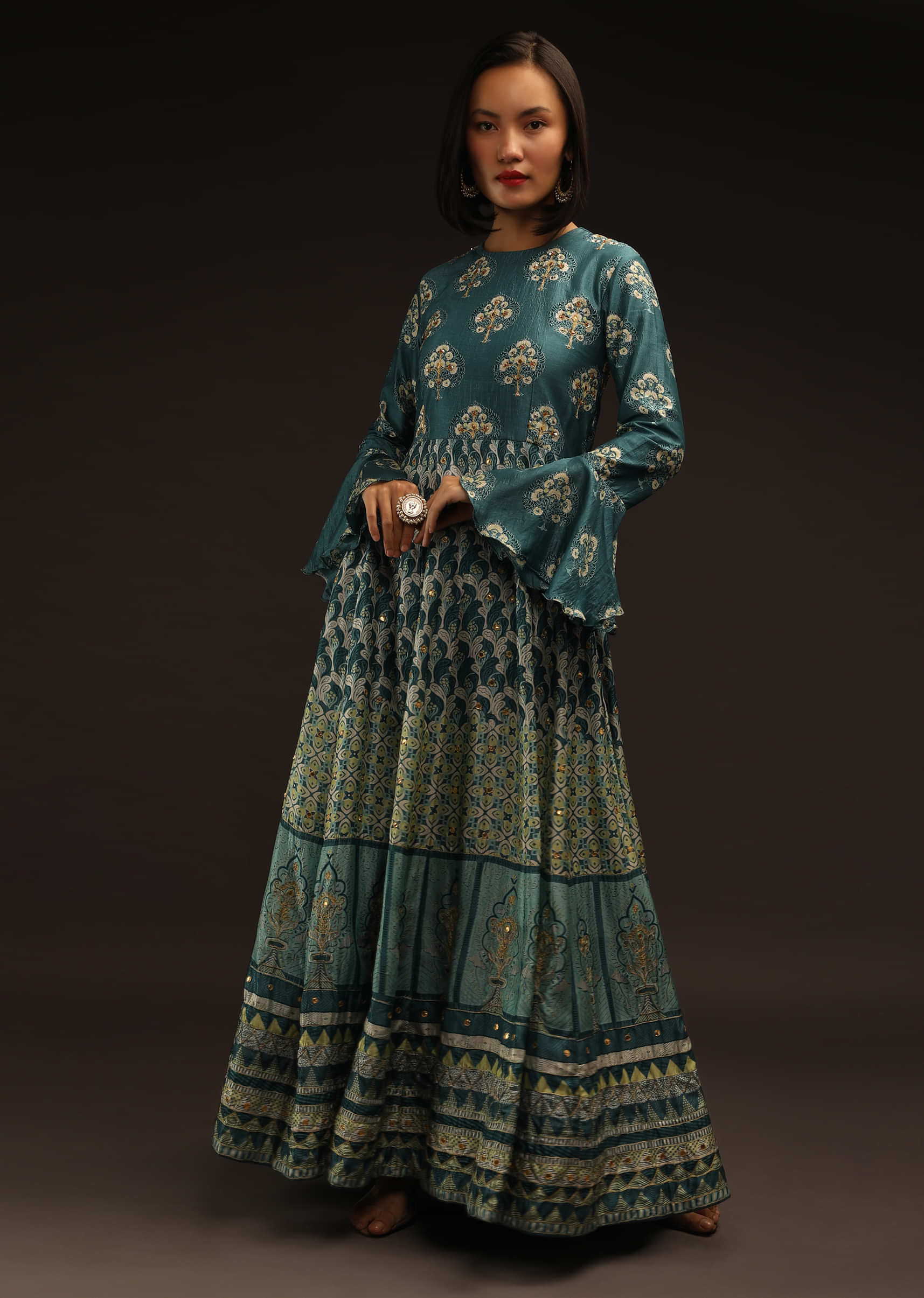 Hydro Blue Anarkali Dress In Silk With Jaipuri Print, Frill Sleeves And Gotta Patti Accents