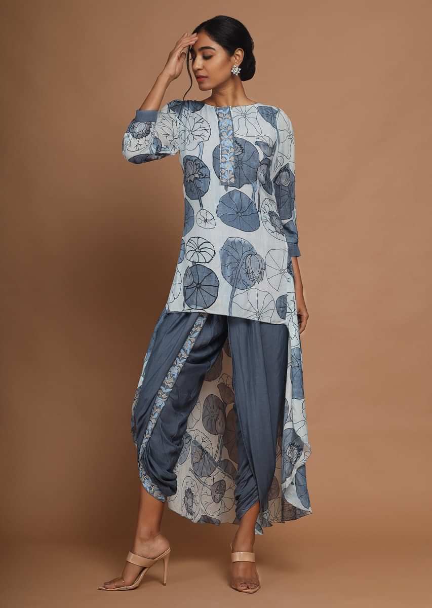 Shiny Doshi In kalki Ice Blue High Low Kurti With Stylised Floral Print And Steel Blue Dhoti Pants