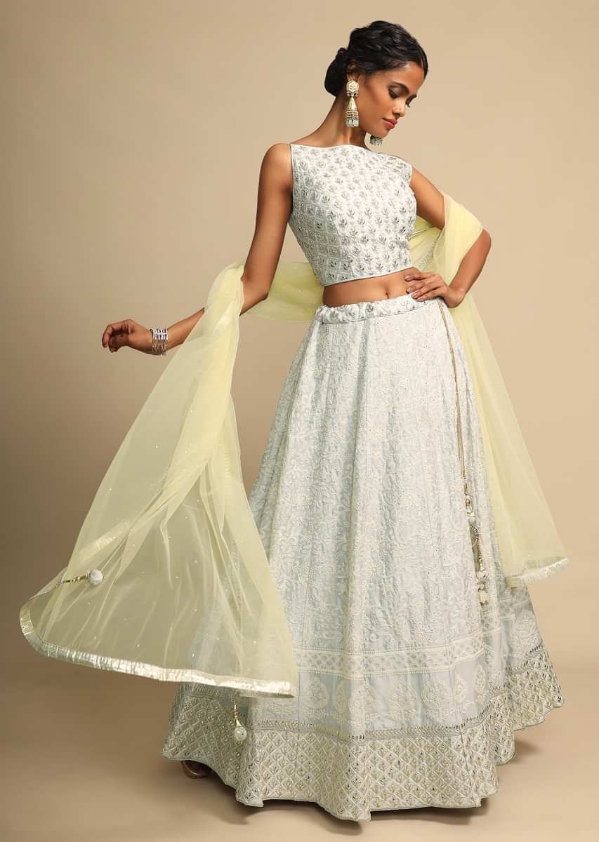 Ice Blue Lehenga Choli In Crepe With Lucknowi Thread Embroidery And Gotta Patti Accents Online - Kalki Fashion