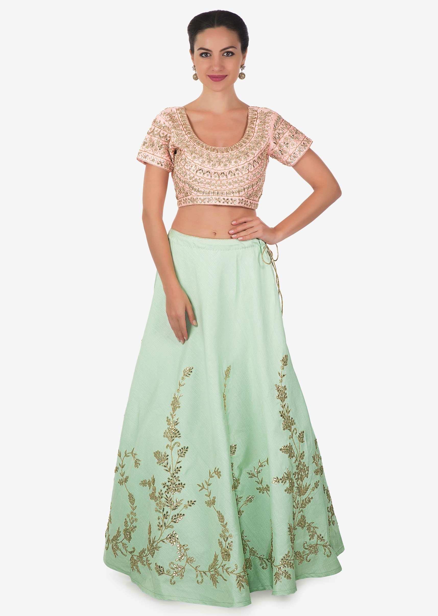 Ice blue lehenga with pink embroidered blouse adorn in gotta patch and ...