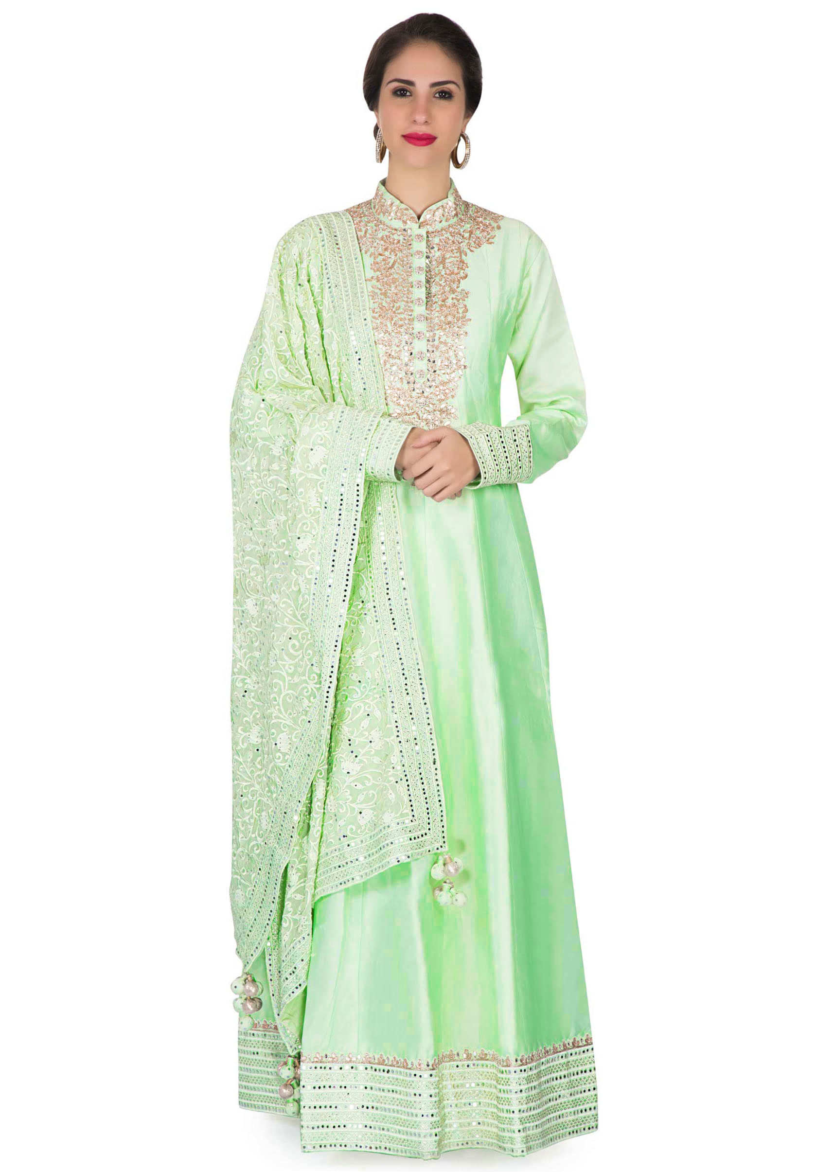 Ice Green anarkali suit with gotta patch embroidered placket only on Kalki