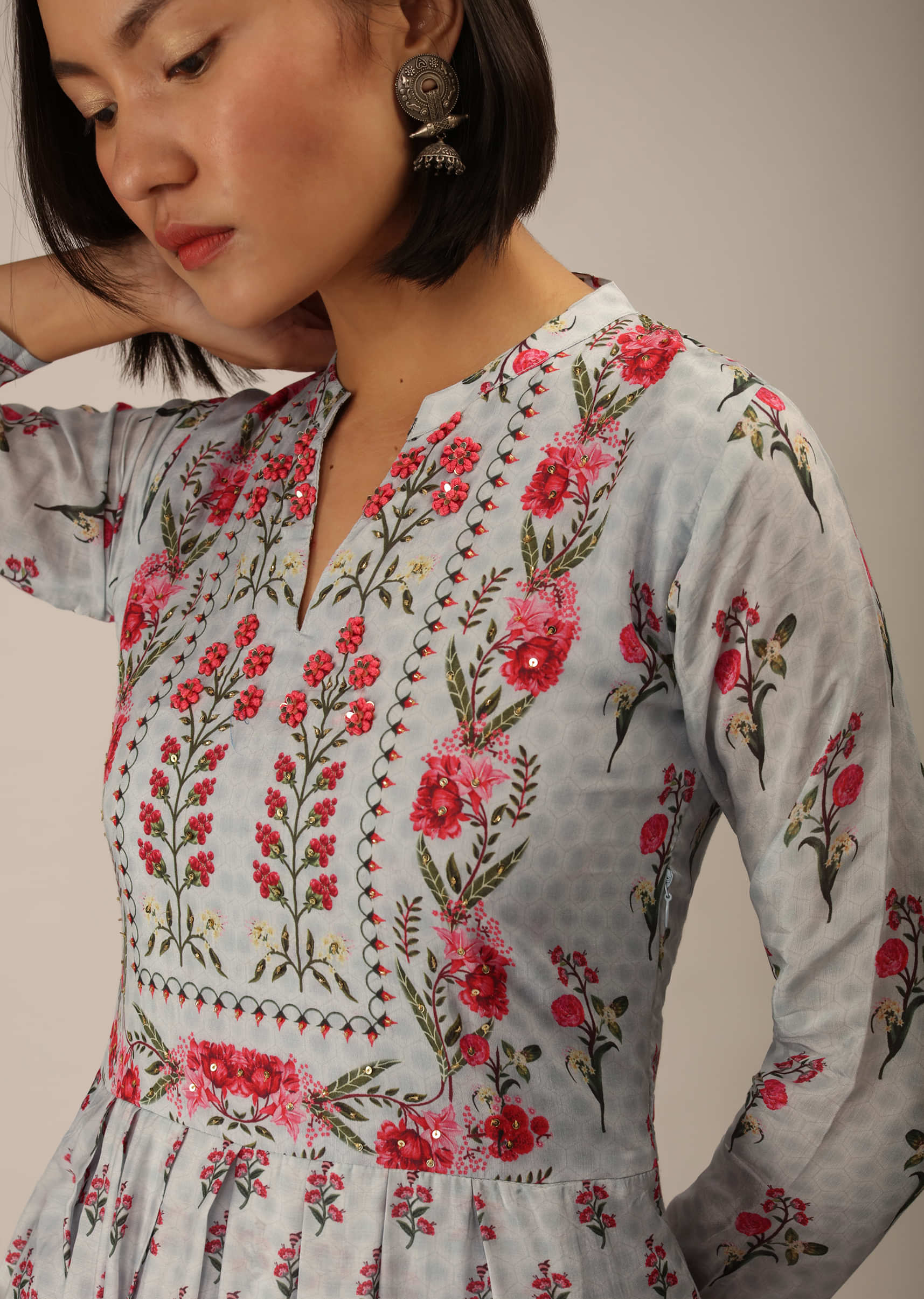Powder Blue Cotton Crepe Tunic With Floral Print And French Knots On The Bodice