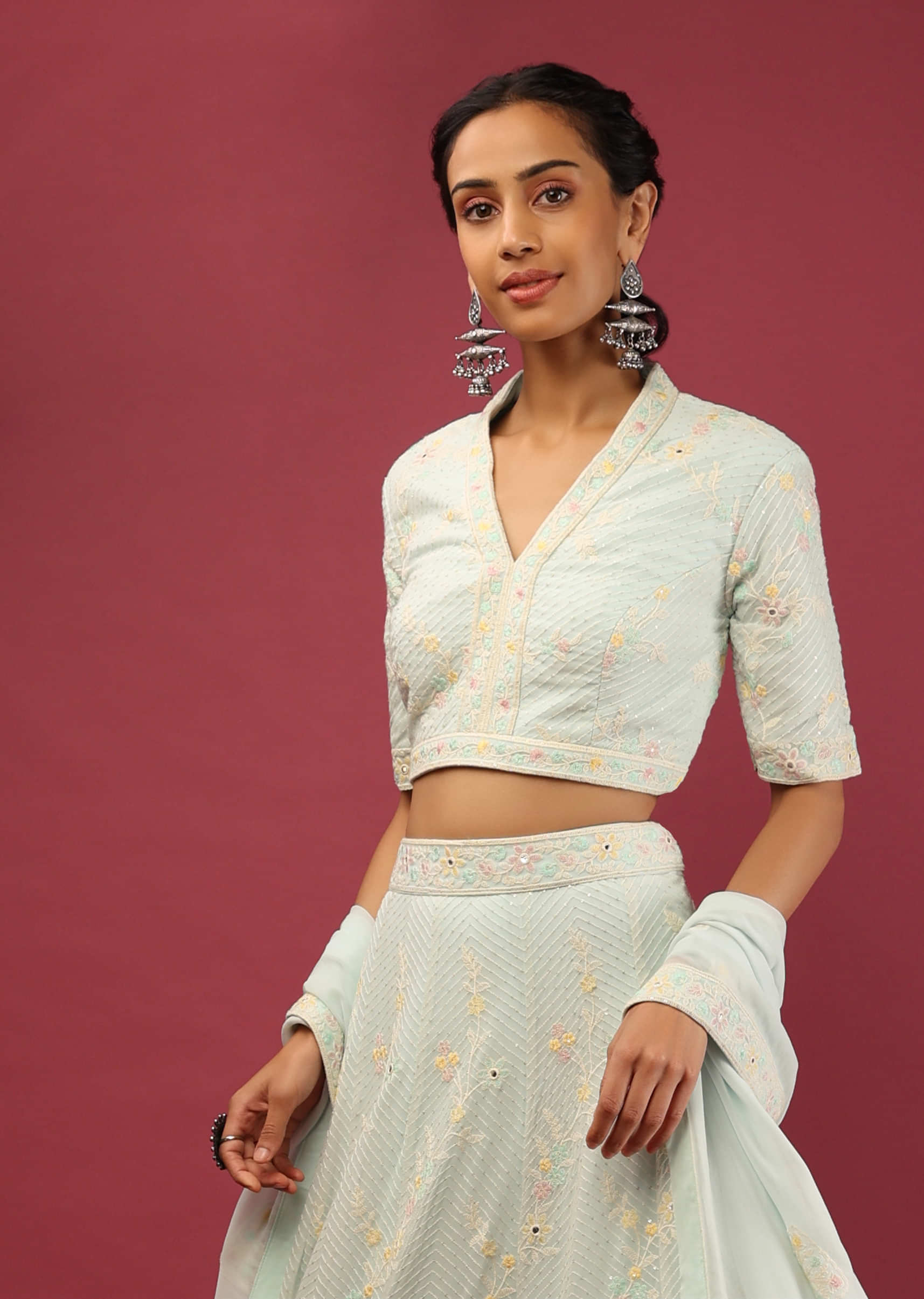 Ice Blue Lehenga Choli With Multi Colored Lucknowi Thread Embroidered Floral And Chevron Design Online - Kalki Fashion