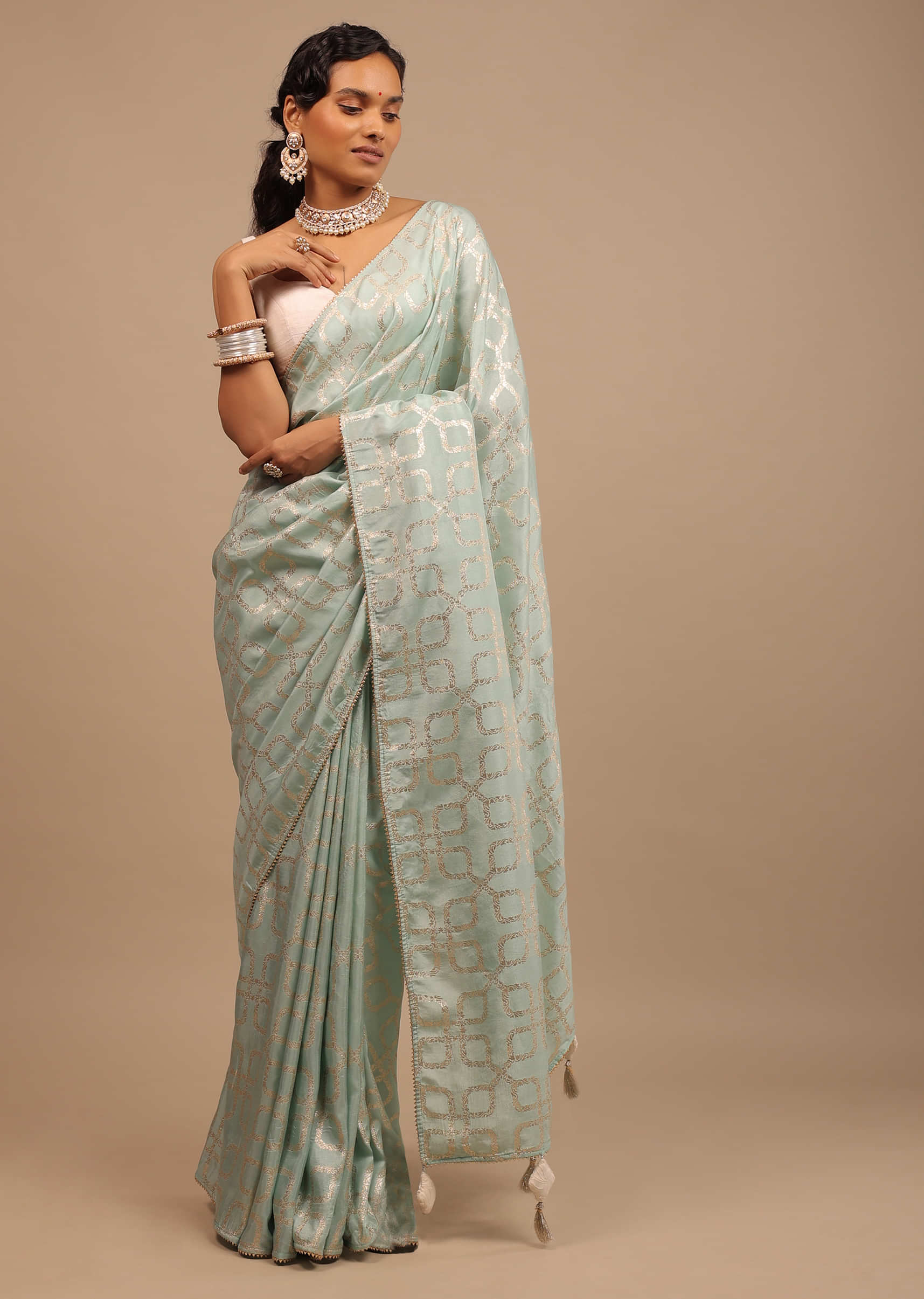 Powder Blue Saree In Dola Silk With Lurex Woven Geometric Jaal And Unstitched Lucknowi Blouse