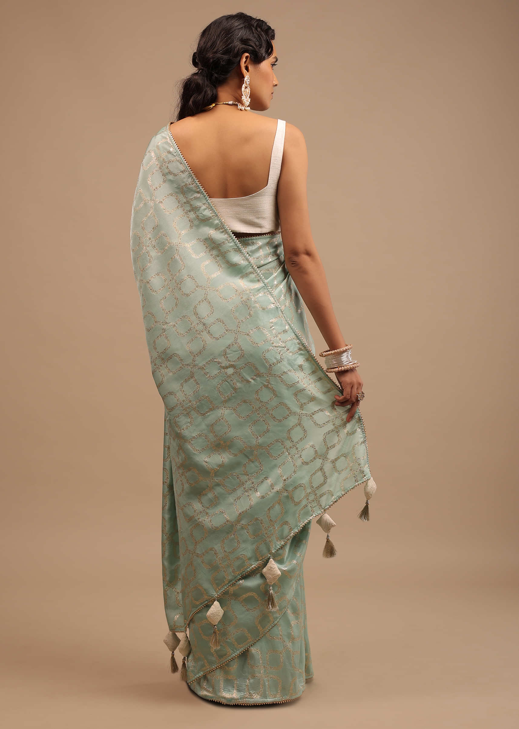 Powder Blue Saree In Dola Silk With Lurex Woven Geometric Jaal And Unstitched Lucknowi Blouse