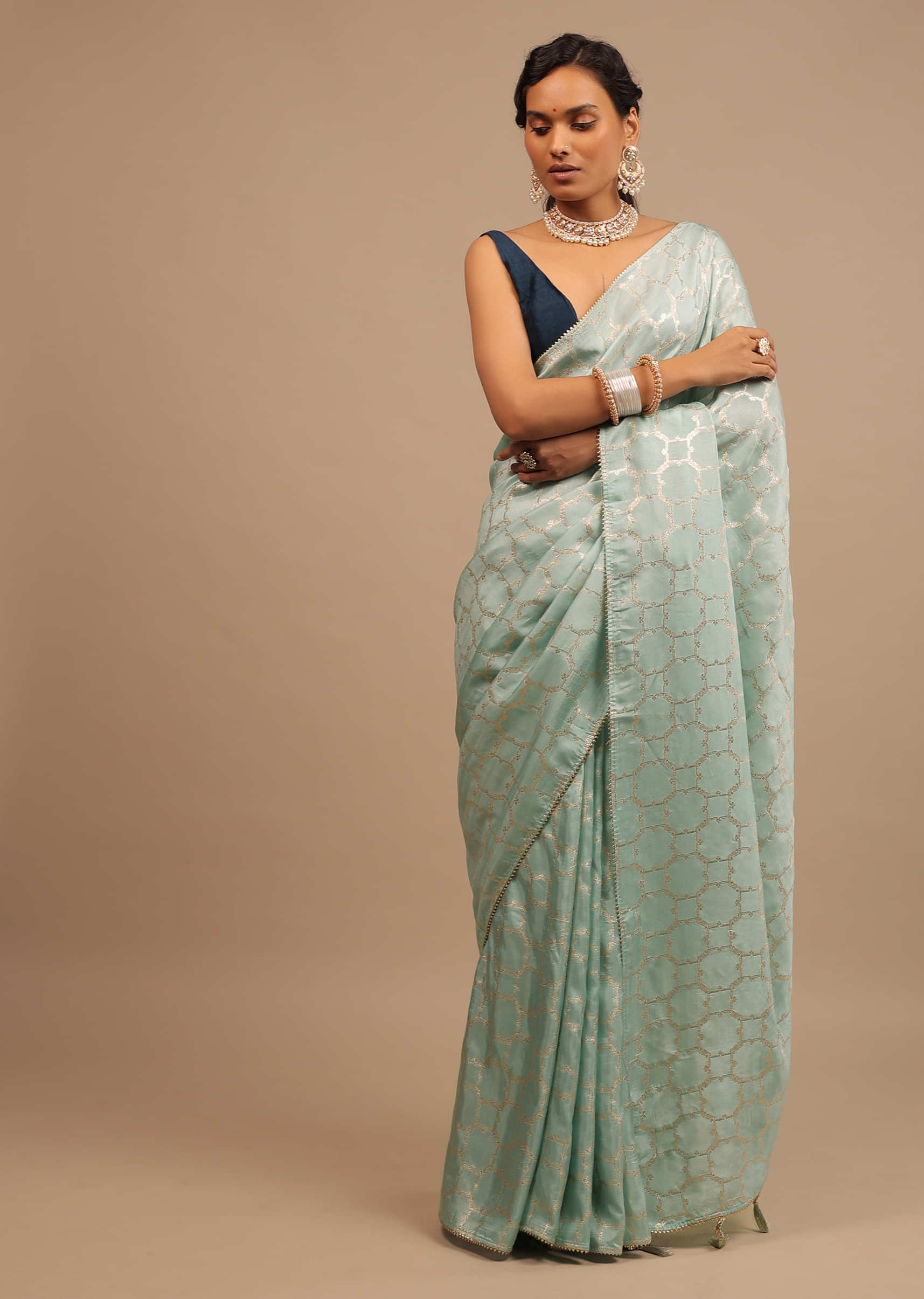 Aqua Glass Green Saree In Dola Silk With Lurex Woven Moroccan Jaal And Unstitched Patola Blouse