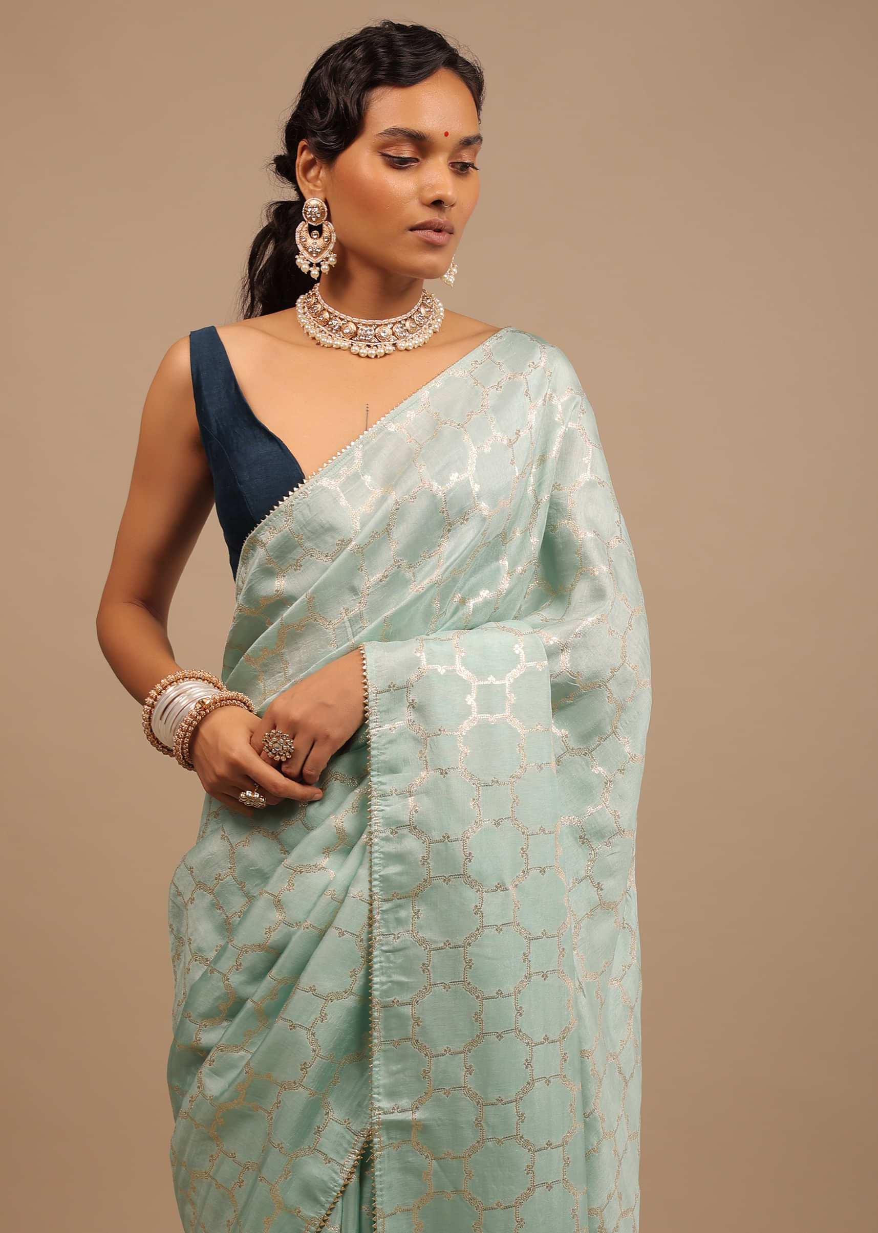 Powder Glass Green Saree In Dola Silk With Lurex Woven Moroccan Jaal And Unstitched Patola Blouse